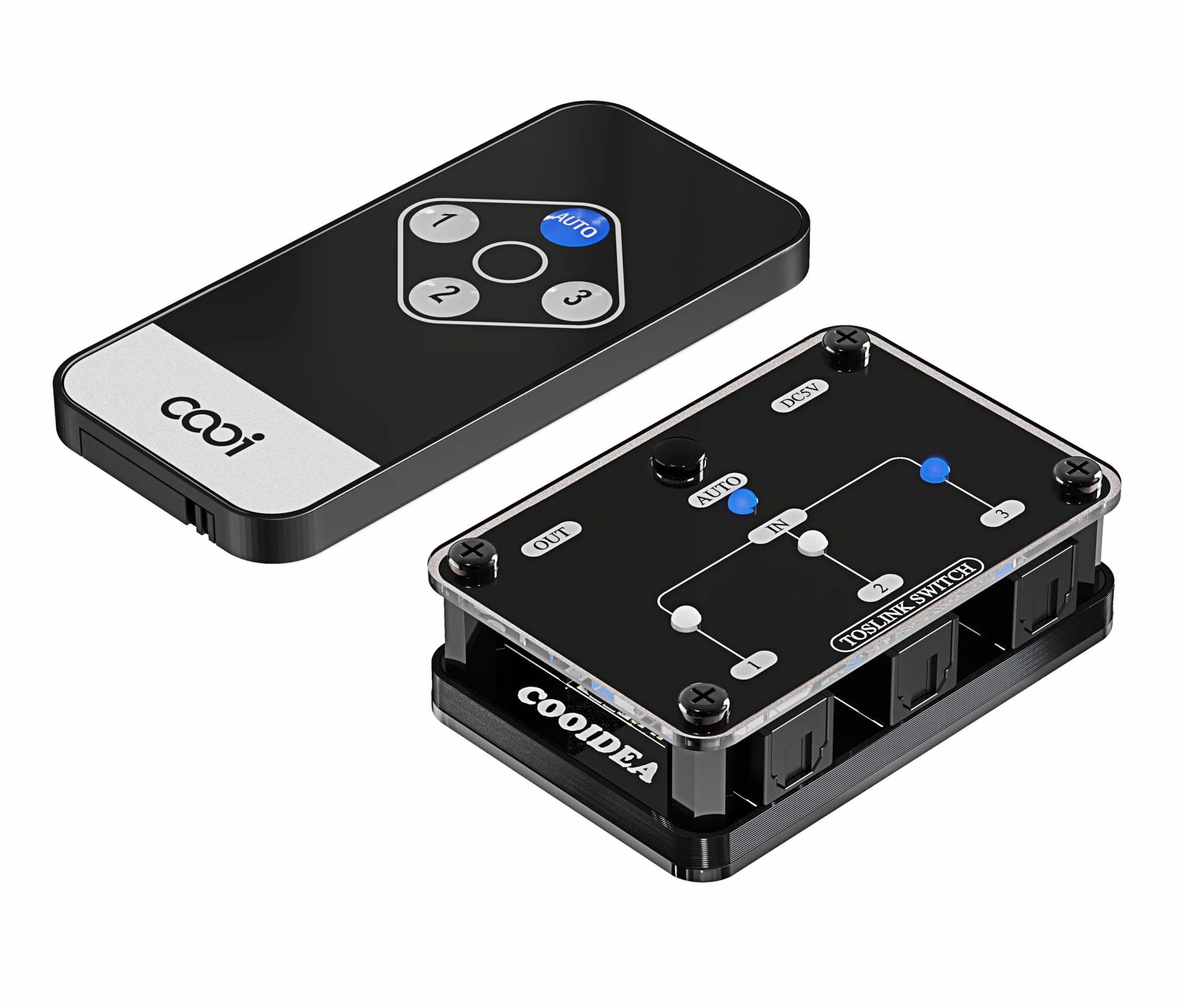 COOIDEA Ulepszony automatyczny przełącznik SPDIF Toslink cyfrowy przełącznik optyczny 3x1 z bezprzewodowym pilotem obsługuje 192k/24Bit PCM2.0 DTS Dolby-AC3 kompatybilny z telewizorem, Xboxem