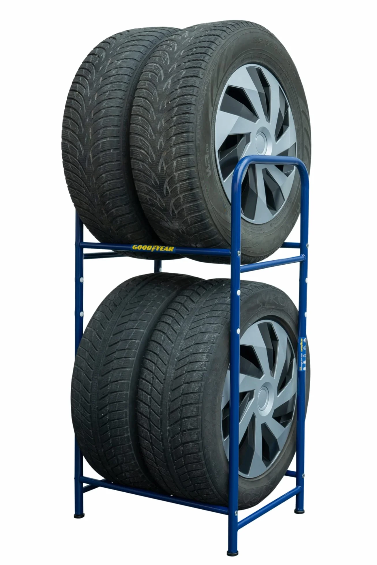 Goodyear Regał na opony na 4 opony, zajmuje mało miejsca, z regulacją wysokości, 2 poziomy, nośność do 120 kg, niebieski