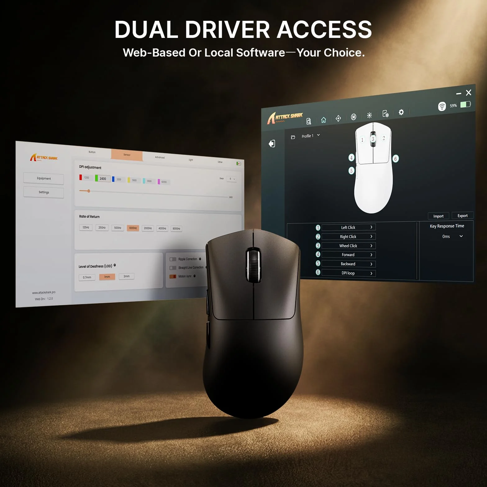 ATTACK SHARK V8 Bezprzewodowa Mysz Gamingowa 8000Hz, Chip Nordic 54L15, Sensor PAW3950MAX, 59g Ultralekka, 42000 DPI, 20 000 FPS, Ergonomiczna, BT / 2,4GHz / Przewodowa, Powłoka Ice, PC/Win, Czarny