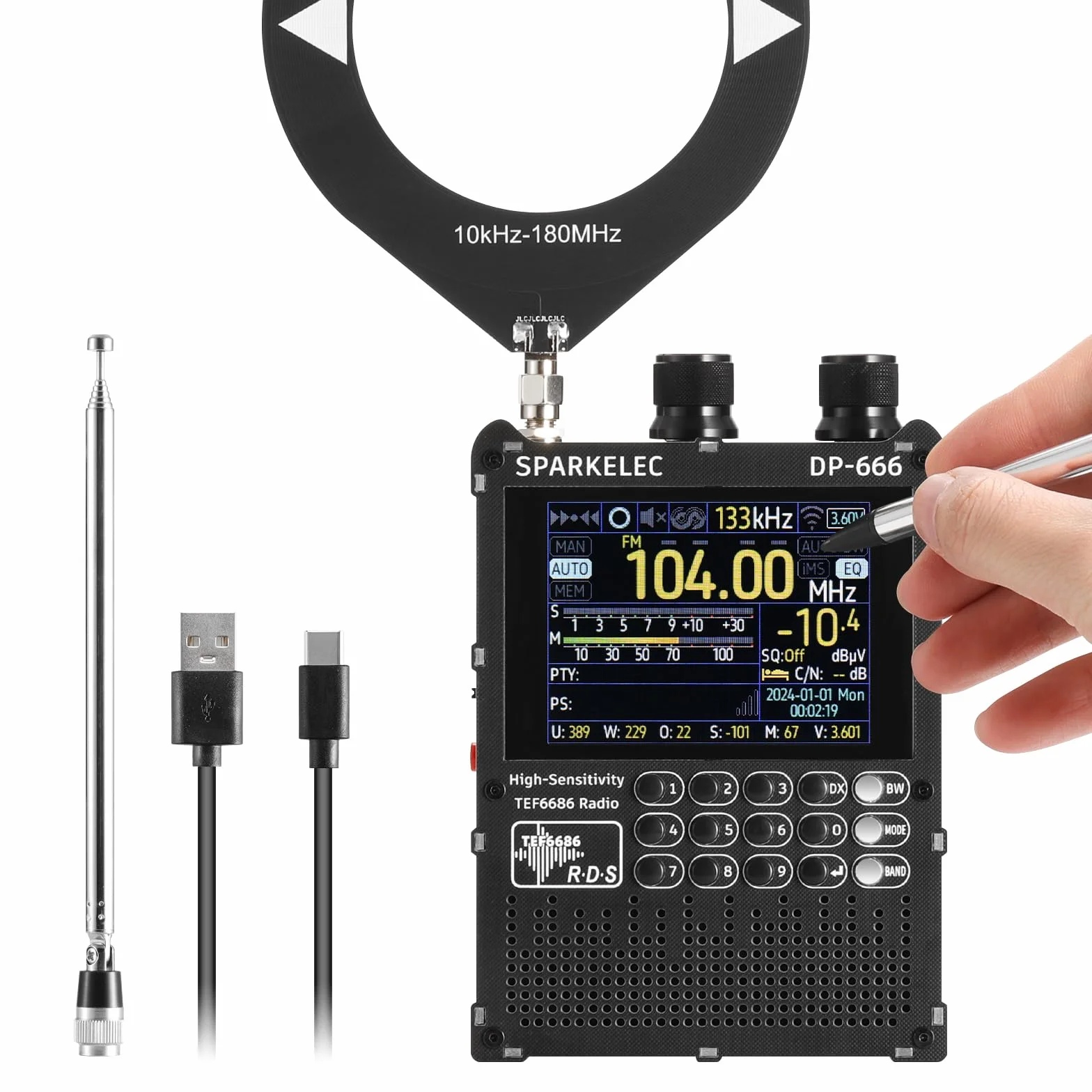 Raddy DP-666 Radio DSP Wielozakresowe Chip TEF6686, Profesjonalny Odbiornik AM/FM/LW/MW/SW RDS, 2,8" Ekran Dotykowy + Stylus, Bateria 5000mAh, Antena Teleskop. & Donut, Przenośne z Aktualizacją FW
