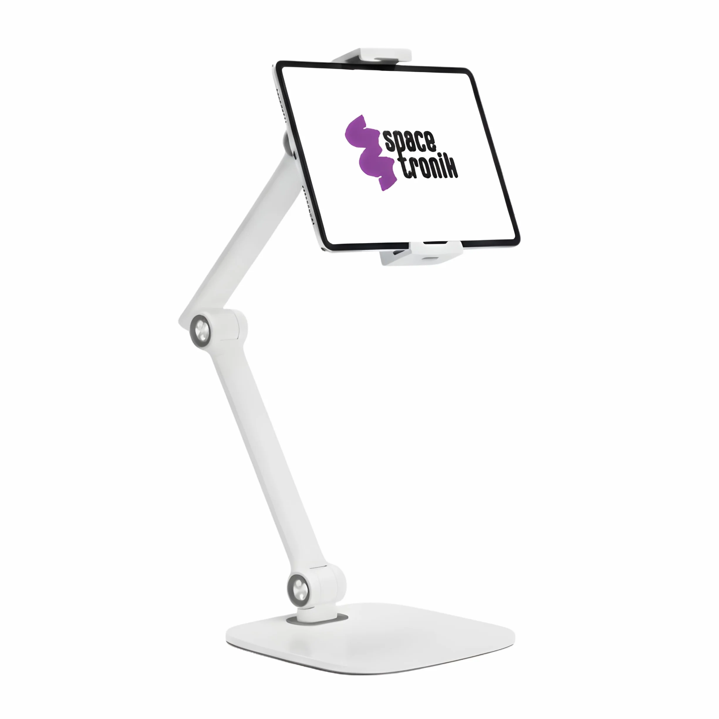 Spacetronik Stojak na tablet, aluminiowy uchwyt biurkowy na tablet, obrotowy, składany, z podkładkami antypoślizgowymi, przepustem kablowym (biały)