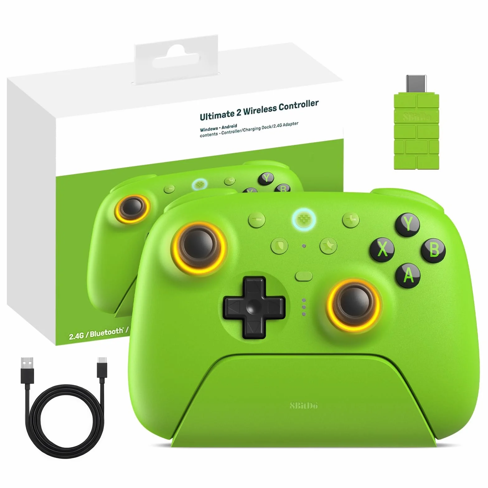8BitDo Ultimate 2 Wireless Controller dla PC/Android/Apple/Steam TMR Joysticka, Przełączalne Wyzwalacze Efektu Halla/Dotykowe, Światło RGB, 2.4G Kontroler Gier 8Speed ​​Wireless Tech Stacją Ładującą