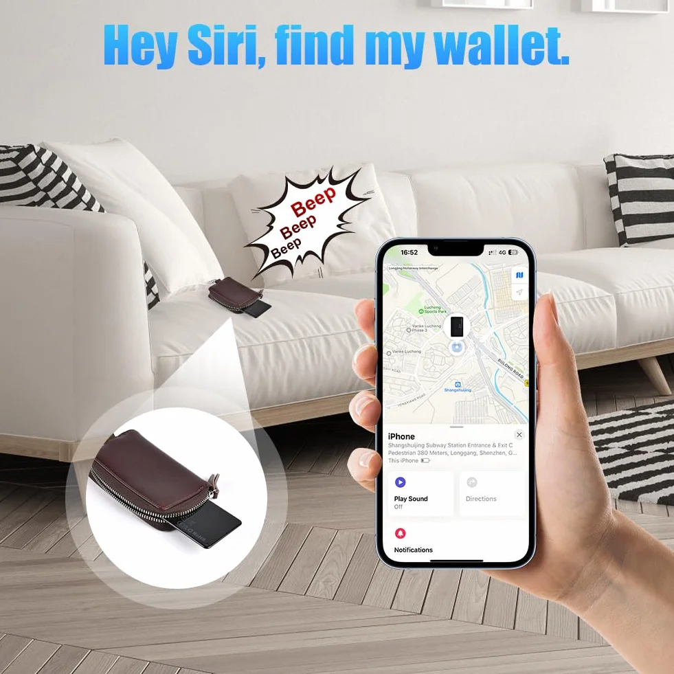 Ainiv Karta Thin Wallet Tracker, akumulatorowy lokalizator portfela, wodoodporny, współpracuje z Apple Find My (tylko iOS), sorter przedmiotów do etykiet bagażowych, telefonów, paszportów