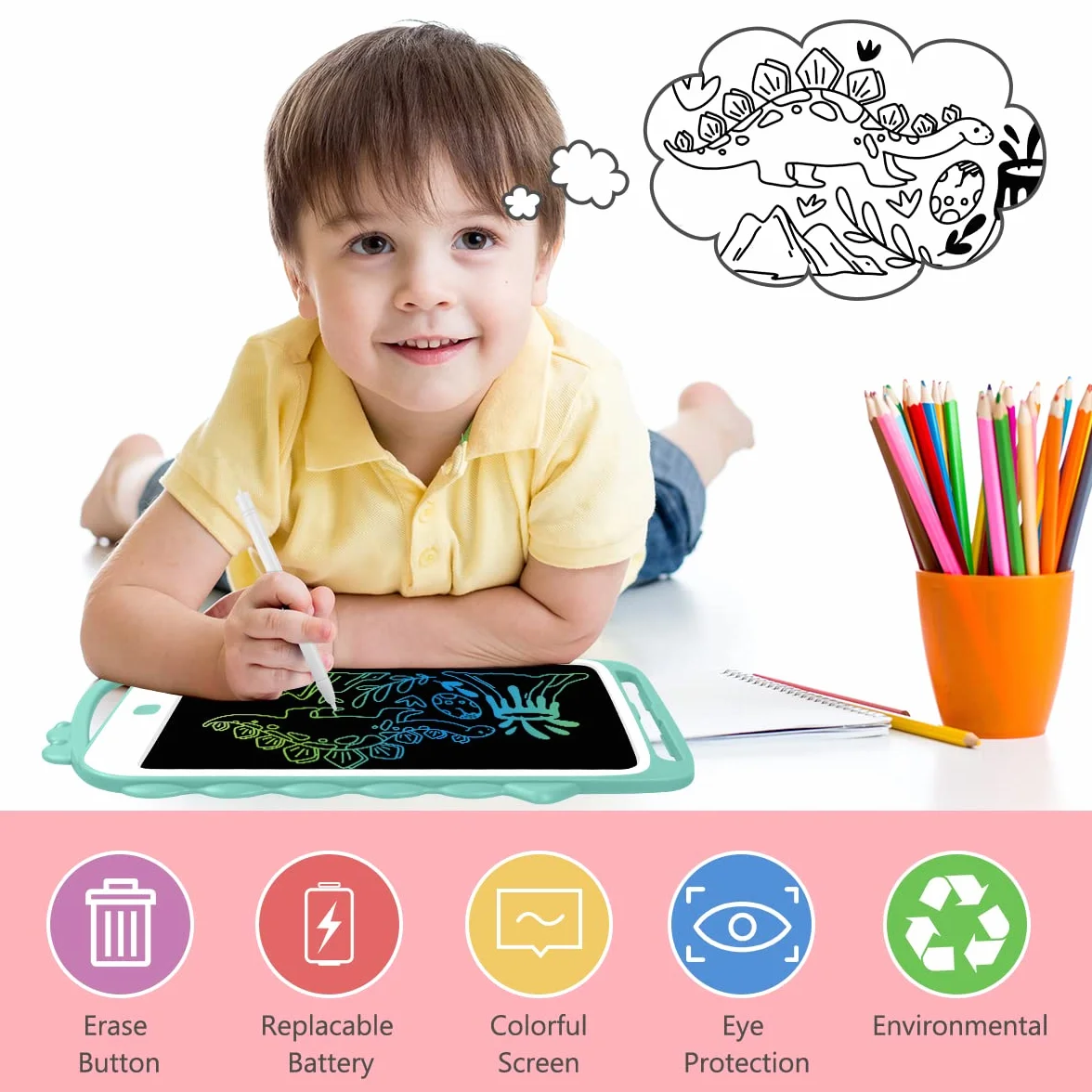 Vicloon Tablet LCD do nauki pisania, kolorowa tablica kreślarska, cyfrowy e-czytnik, elektroniczny tablet graficzny, dla dzieci do pisania odręcznego i rysowania, z blokadą, 10”, zielony