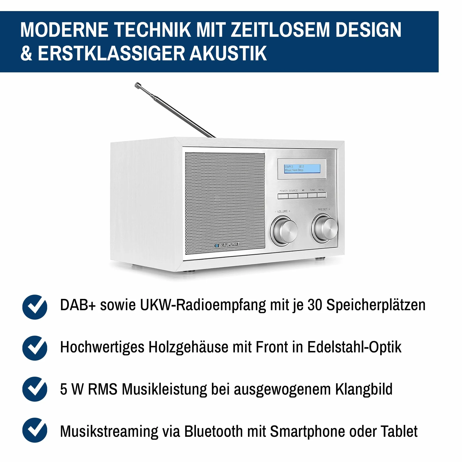 Blaupunkt Radio nostalgiczne RXD 180 DAB+ z AUX IN i Bluetooth, radio UKW PLL z RDS, kolorowy wyświetlacz RMS LC 5 W, radio kuchenne z łatwą obsługą, z przyłączem słuchawkowym, pokrętłem, białe
