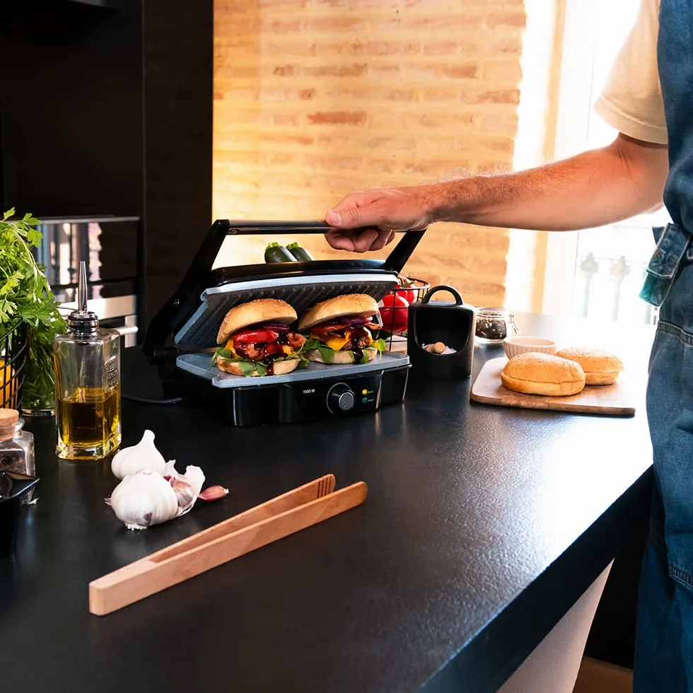 Cecotec Grill elektryczny Rock'nGrill 1500 Kamienna Ceramika Mix&Grill. 1500 W, Grill, Grill, Żelazko i Sandwicher, Powłoka ceramiczna, Mieszane Superfie, Otwarcie 180º, Szuflada zbieracza