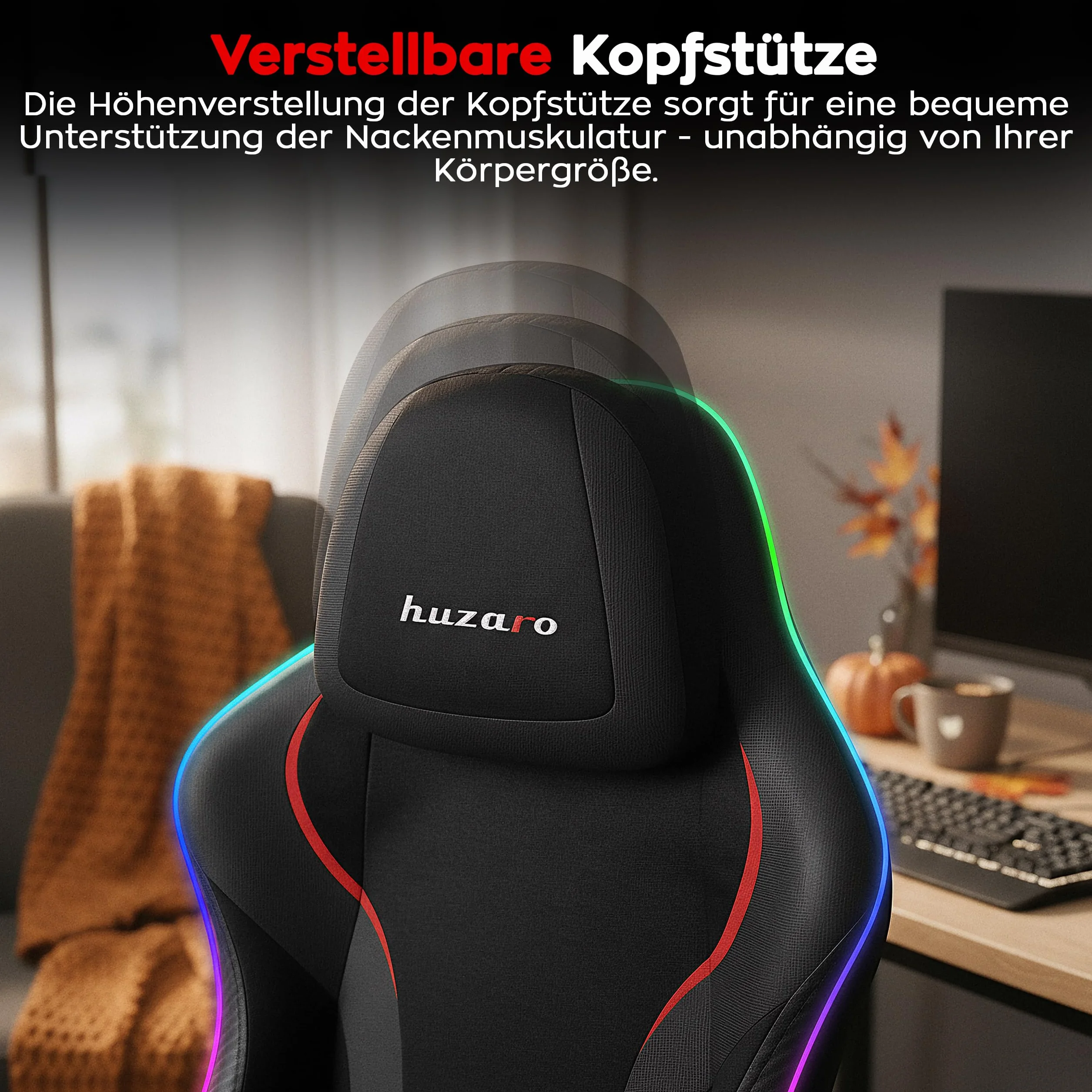 huzaro Force 4.6 RGB Black Mesh krzesło gamingowe LED, ergonomiczne, synchronizacja muzyki, podnóżek, funkcja przechylania, regulowany zagłówek, obciążenie 130 kg, materiał, kolor czarny