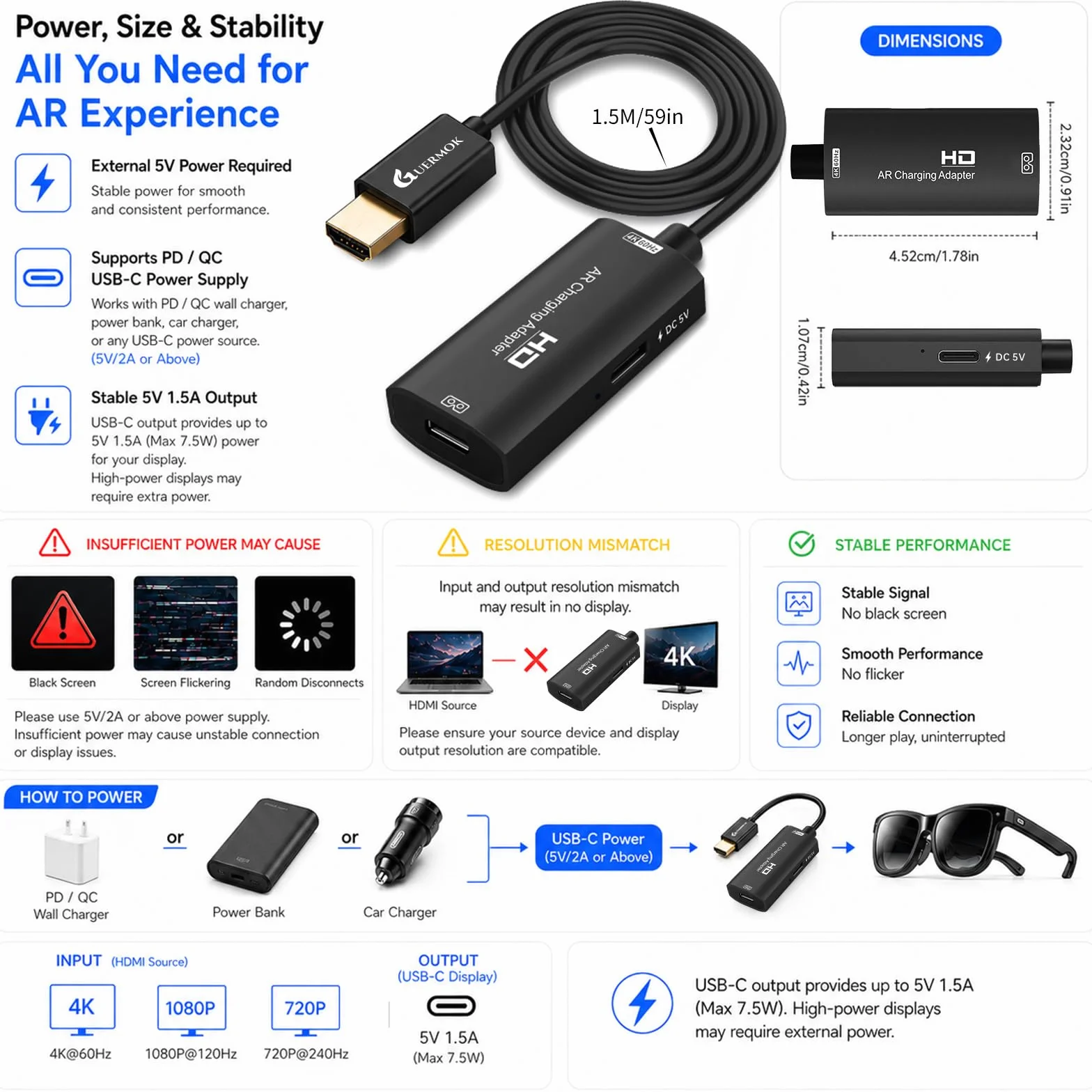 Guermok adapter HDMI–USB-C do okularów AR, 4K@60Hz, ładowanie DC 5V – do XREAL One/Air 2 Pro, RayNeo, Rokid, Steam, Switch2/1, PS 5/4, monitorów przenośnych (czarny)