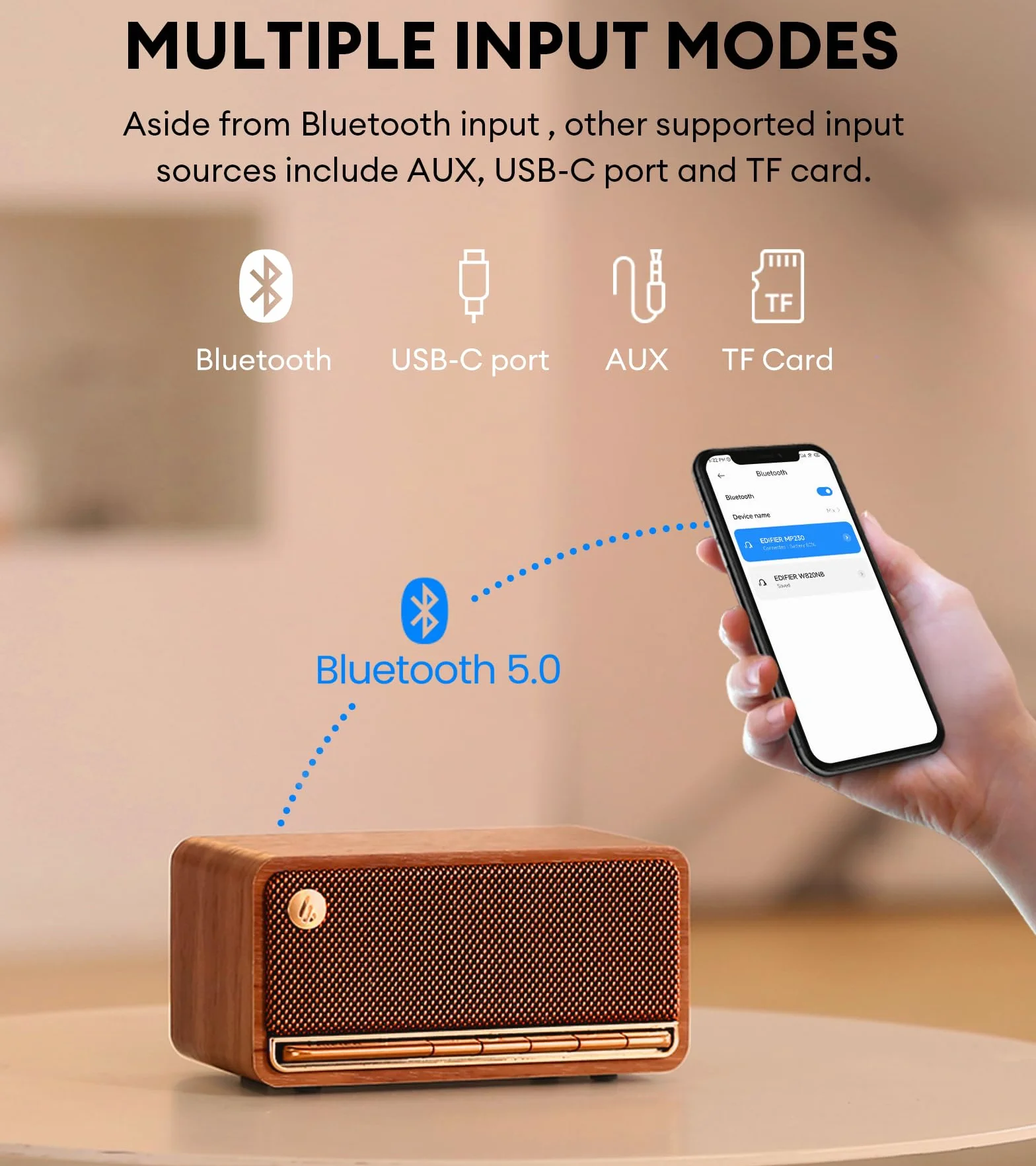 Edifier MP230 Bluetooth Głośnik przenośny, głośnik bezprzewodowy z dźwiękiem stereo do użytku domowego i podróży na zewnątrz, 9 godzin odtwarzania, obsługuje AUX, USB-C, kartę TF, 20W RMS