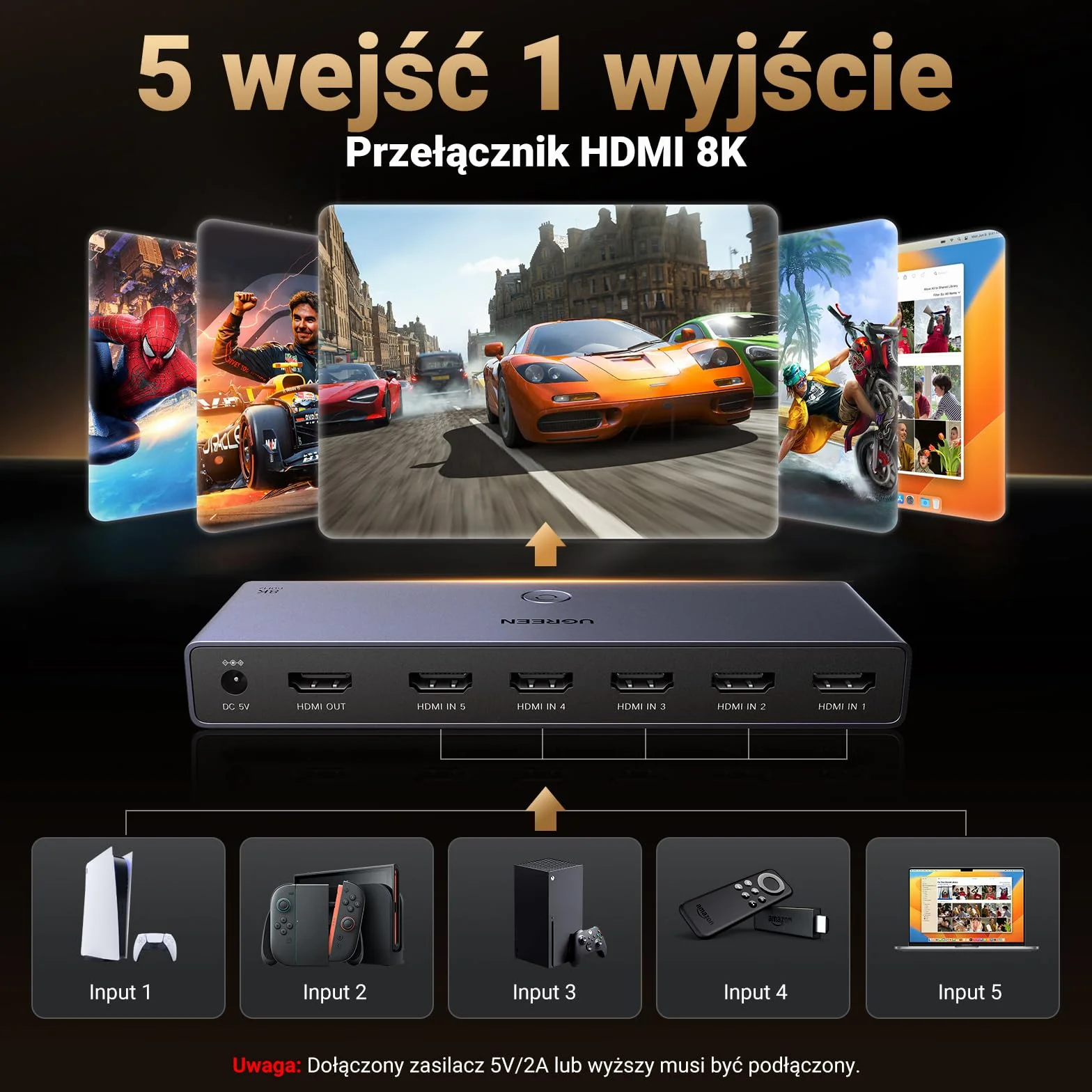 UGREEN PrzełąCznik Hdmi 8k@60hz 5 Wejść 1 WyjśCie Aluminium ObsłUga 4k@240hz Hdr10+ Hdcp 2.3 Cec Rozdzielacz Hdmi 2.1 Z Zasilaczem Kompatybilny Z Ps5/4 Xbox Switch Roku Apple Tv Fire Stick