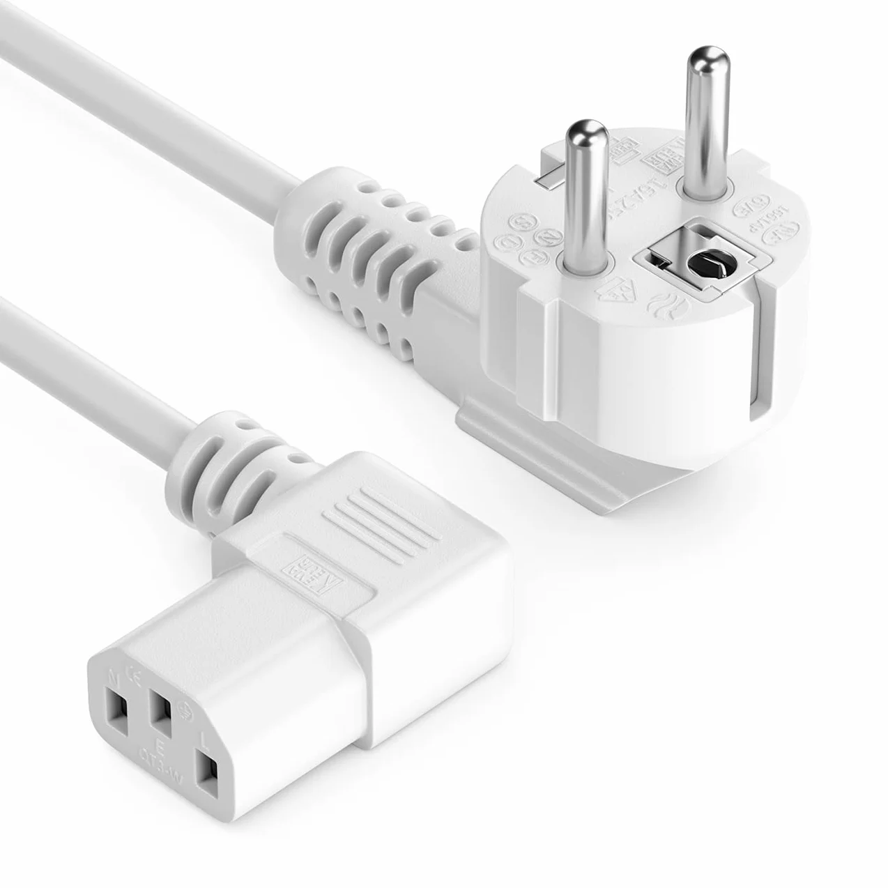 deleyCON 3,0m Kabel Zasilający Przewód Sieciowy Wtyk Ochronny Typ F (CEE 7/7) 90° Kątowy na Gniazdo C13 90° Kątowe Prawe PC Komputer Monitor Drukarka Projektor - Biały