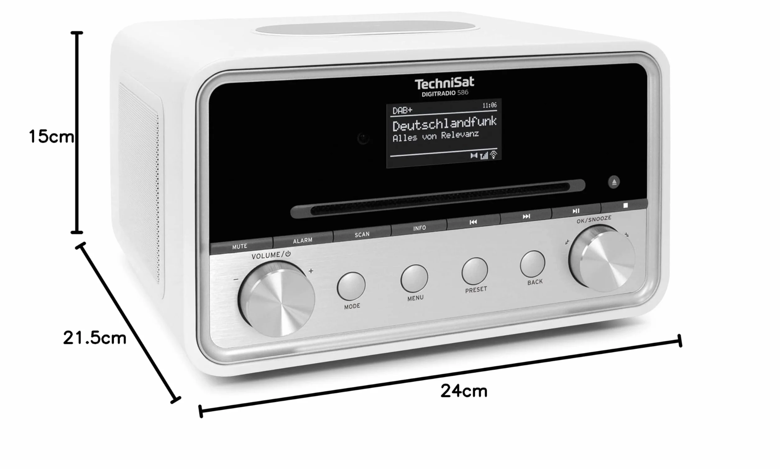 TechniSat DIGITRADIO 586 - hybrydowe radio DAB+ (radio internetowe, FM, Bluetooth, Spotify, ładowanie bezprzewodowe, sterowanie aplikacją, wyświetlacz OLED, USB, CD, MP3, AUX, 20 W, pilot) biały