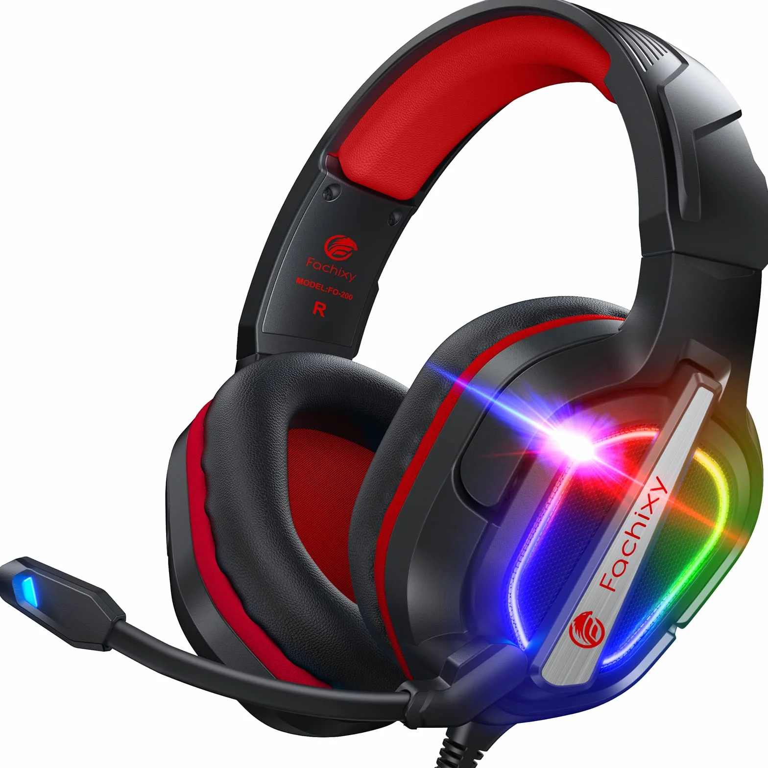 Fachixy FC200 Zestaw słuchawkowy do gier PS4 PS5 PC Xbox Nintendo Switch RGB Mikrofon Niebieski Czerwony