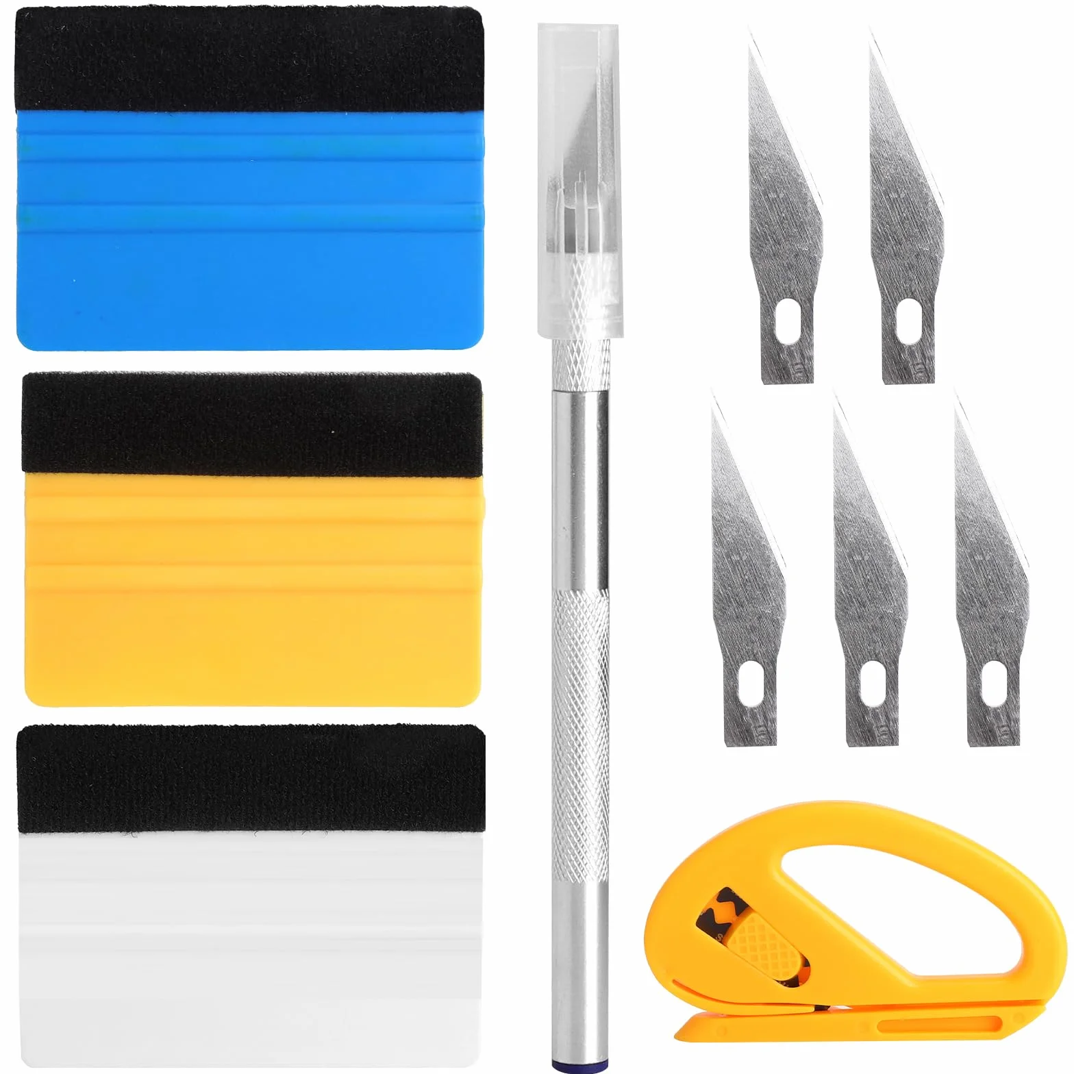 Rakiel do folii z filcową krawędzią, nóż do foliowania z aluminiumowym uchwytem, 5 ostrzy, 3 sztuki