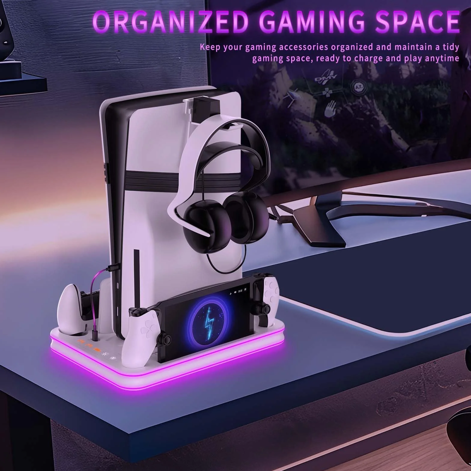 PS5 Pro/PS5/PS5 smukły stojak i stacja chłodząca z diodami LED RGB, stacja ładująca portal PS, stojak chłodzący PS5 z 3-poziomowym wentylatorem chłodzącym, akcesoria do portalu PS (biały)