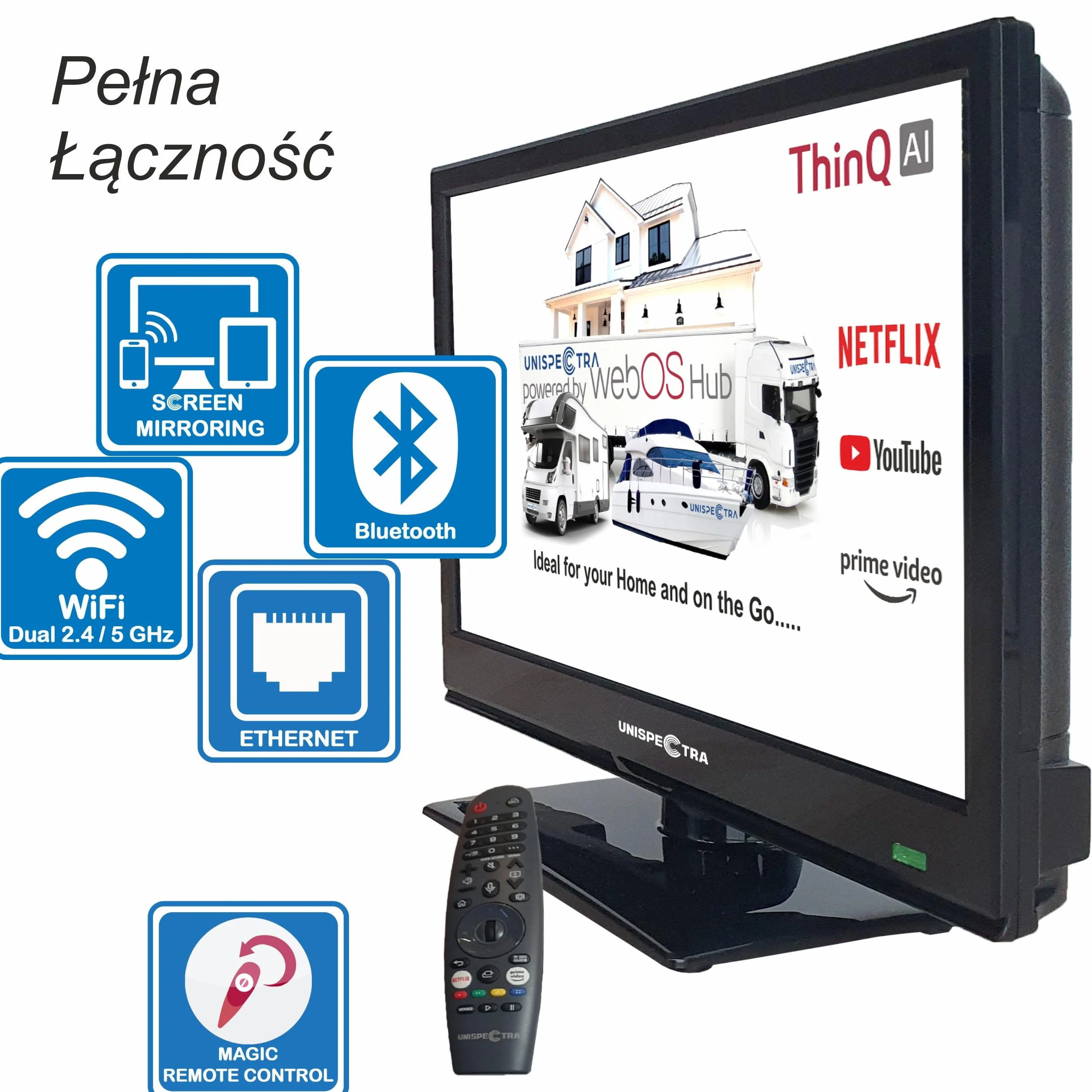 Unispectra ® 16” Smart TV (webOS) Full HD 230V 12V 24V potrójny tuner, 3x HDMI, 2x USB, pilot Magic. Telewizor 12 V do samochodów kempingowych, przyczep kempingowych, ciężarówek, łodzi