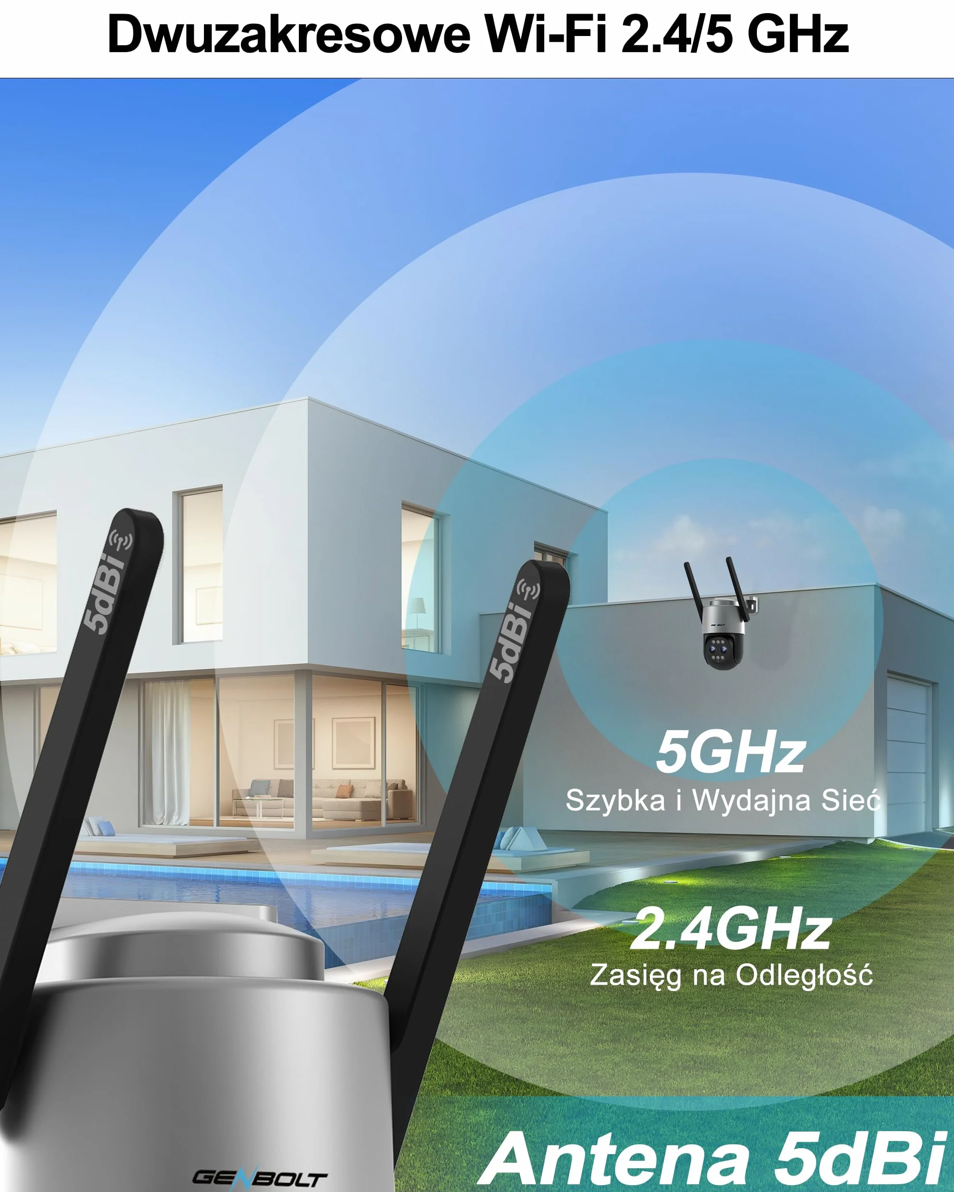 GENBOLT 2.5K Kamera PTZ WiFi do Użytku na Zewnątrz,Obsługująca POE, Podwójna IP 4MP Domowa Kamera Monitorująca,10-Krotny Zoom Hybrydowy,CCTV Kolorowy Tryb Nocny,Automatyczne Śoledzenie (2,4/5GHz)