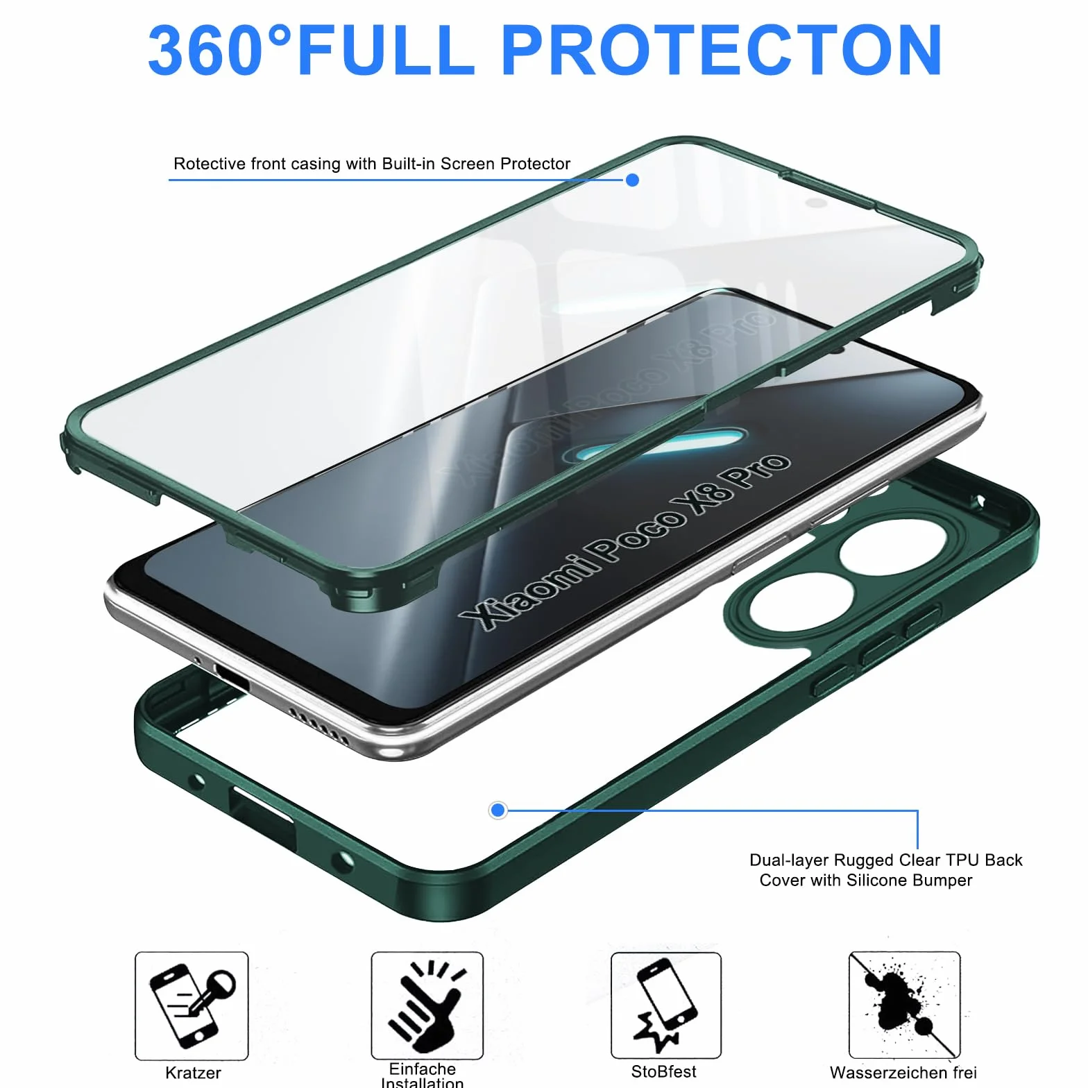 Etui do Xiaomi Poco x8 Pro, przezroczyste, 360 stopni, etui ochronne z wbudowaną ochroną wyświetlacza, odporne na uderzenia, ultracienkie silikonowe, zielone