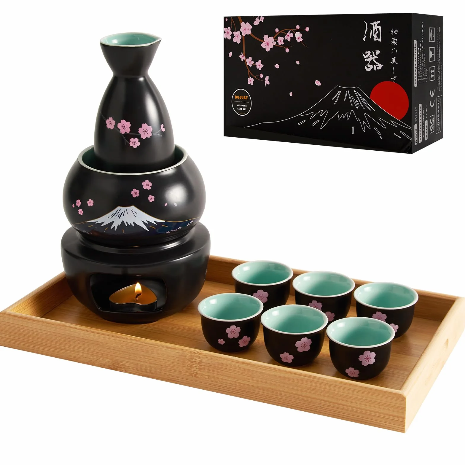 DUJUST 10-częściowy zestaw japońskich sake porcelanowy Sakura Fuji czarny