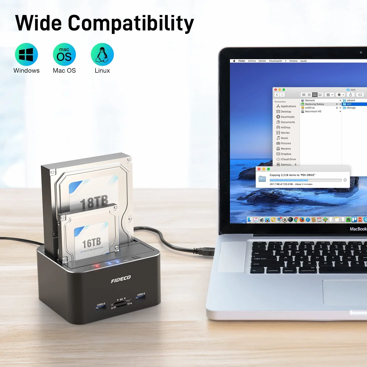 FIDECO Stacja dokująca do dysków twardych, aluminiowa stacja dokująca USB 3.0 do dysków twardych 2,5" / 3,5" SATA HDD SSD, czytnik kart TF i SD, obsługa klonów offline