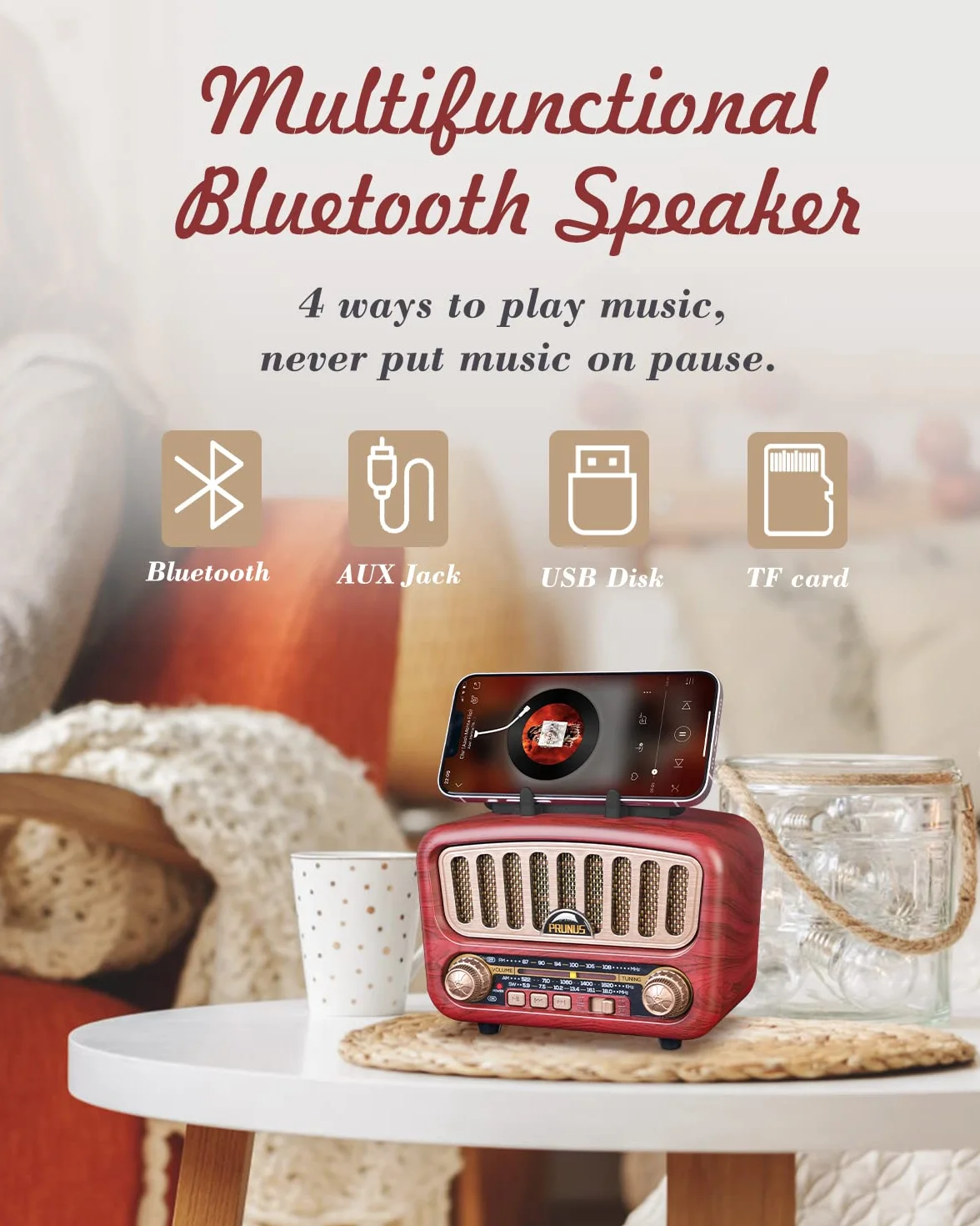 PRUNUS J-180 AM/FM/SW retro radio z Bluetooth 5.0, nostalgiczne radio małe z akumulatorem 1800 mAh, obsługuje funkcję USB/TF/AUX, z dużym głośnikiem 5 W, radio walizkowe, radio kuchenne do biura i