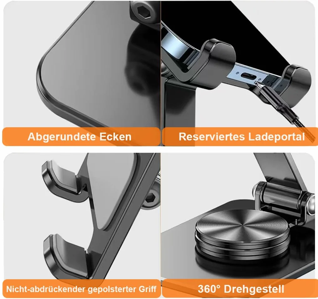 Obrotowy stojak na telefon komórkowy o 360°, składany uchwyt na telefon komórkowy, regulowany, lakierowany metalowy stojak na telefon komórkowy, regulowany stojak na biurko do smartfonów