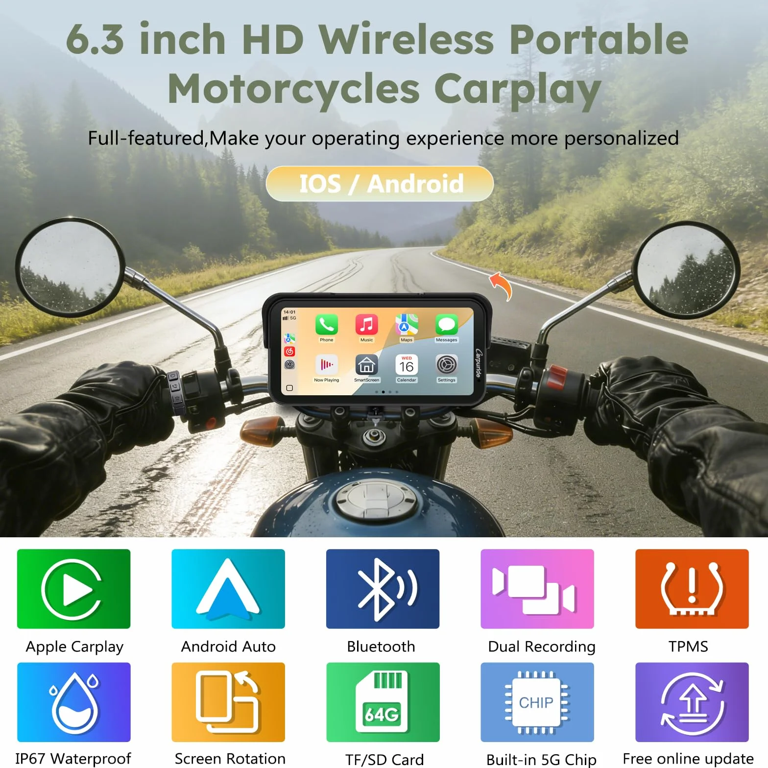 Carpuride W603DT do Motocykli z CarPlay,Android Auto i TPMS – Kamera Samochodowa HD 1080P,6,3-Calowy,Wodoodporny,Obrotowy Ekran Dotykowy do Nawigacji,Bluetooth,Nagrywanie w Pętli, Przewodowy Kontroler