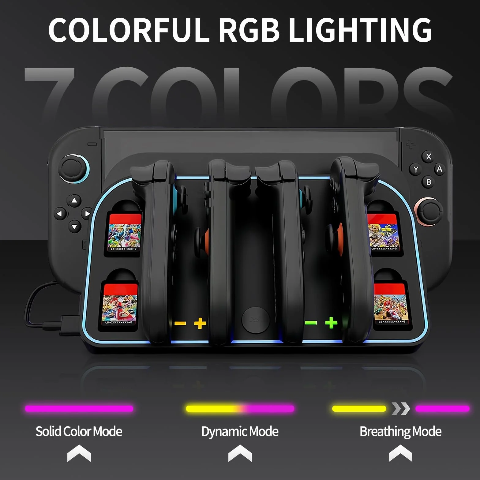 Stacja ładująca do Nintendo Switch 2 Joy Con (2025), szybka ładowarka SW2 Joy-Con magnetyczna stacja ładująca z 7 trybami światła i gniazdami na karty do gier, biurko/ścienna stacja ładująca