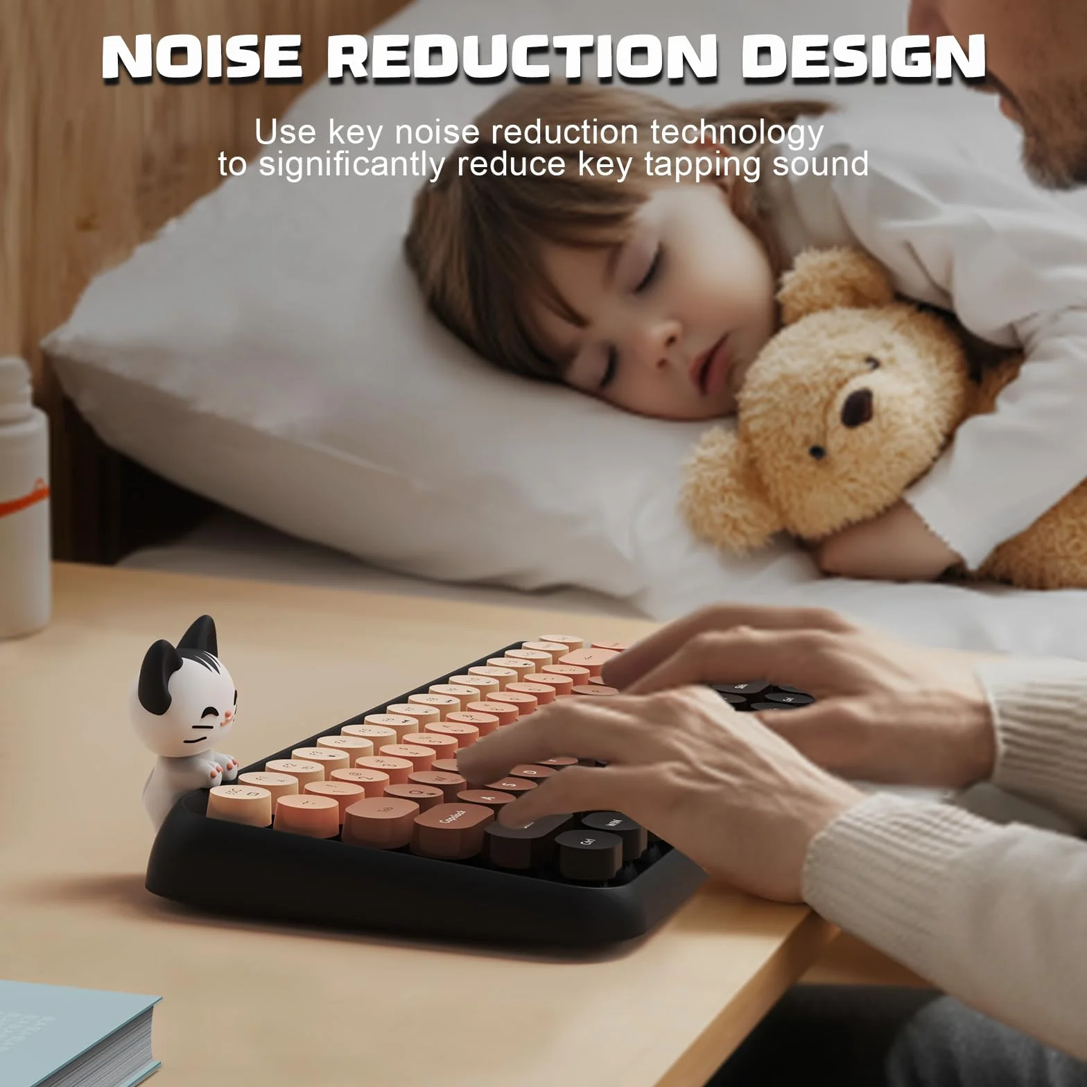 Hoopond X AJAZZ 308i Bezprzewodowa klawiatura Bluetooth,Uroczy Mini 84-klawiszowy kompaktowy układ z magnetyczną lalką kota,Nakładki na klawisze ABS Retro okrągłe do komputerów PC,Laptopy-Brązowy