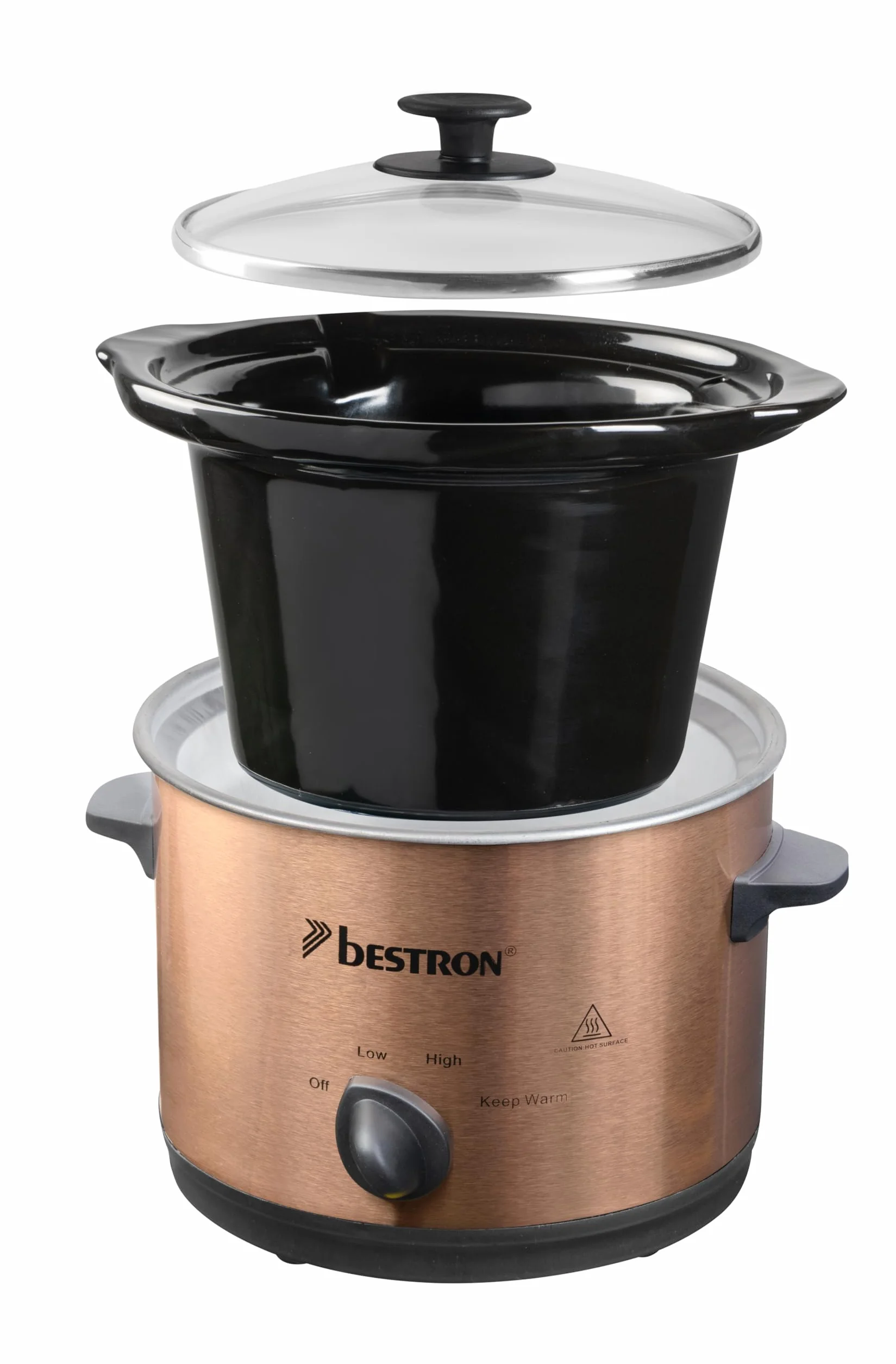 Bestron Slowcooker 1,5 L dla 2 osób, wolnowar z ceramiczną patelnią i szklaną pokrywką, 3-stopniowy termostat, Copper Collection