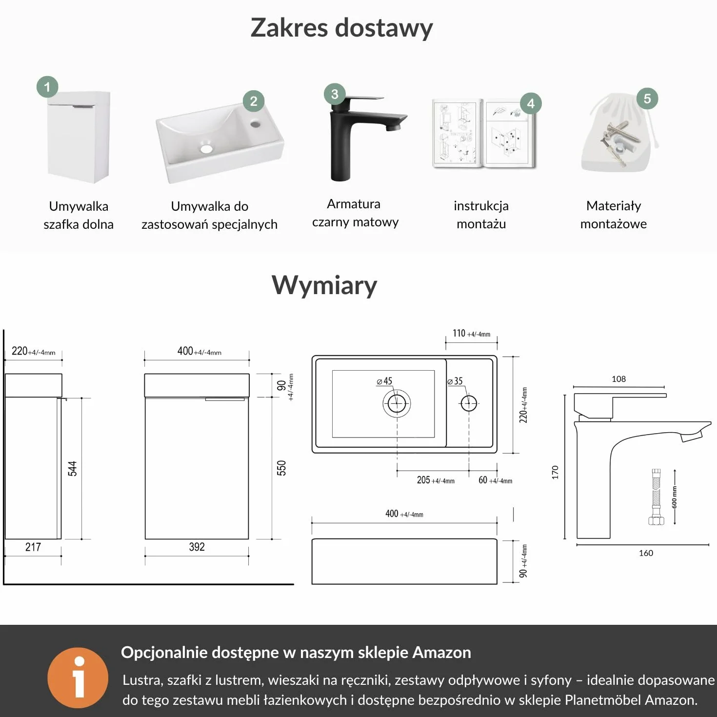 Planetmöbel Umywalka z szafką 40cm w kolorze białym z umywalką i baterią w kolorze czarnym matowym, zestaw mebli łazienkowych do łazienki, WC dla gości