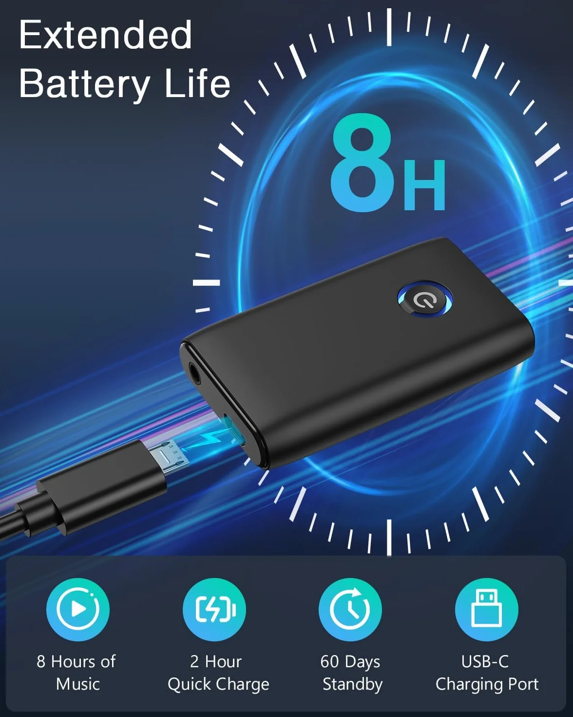 ORIA Samochodowy odbiornik Bluetooth, adapter Bluetooth 5.3, 2 w 1, pomocniczy adapter Bluetooth do samochodu, zestawu słuchawkowego, zestawu głośnomówiącego, ładowania USB