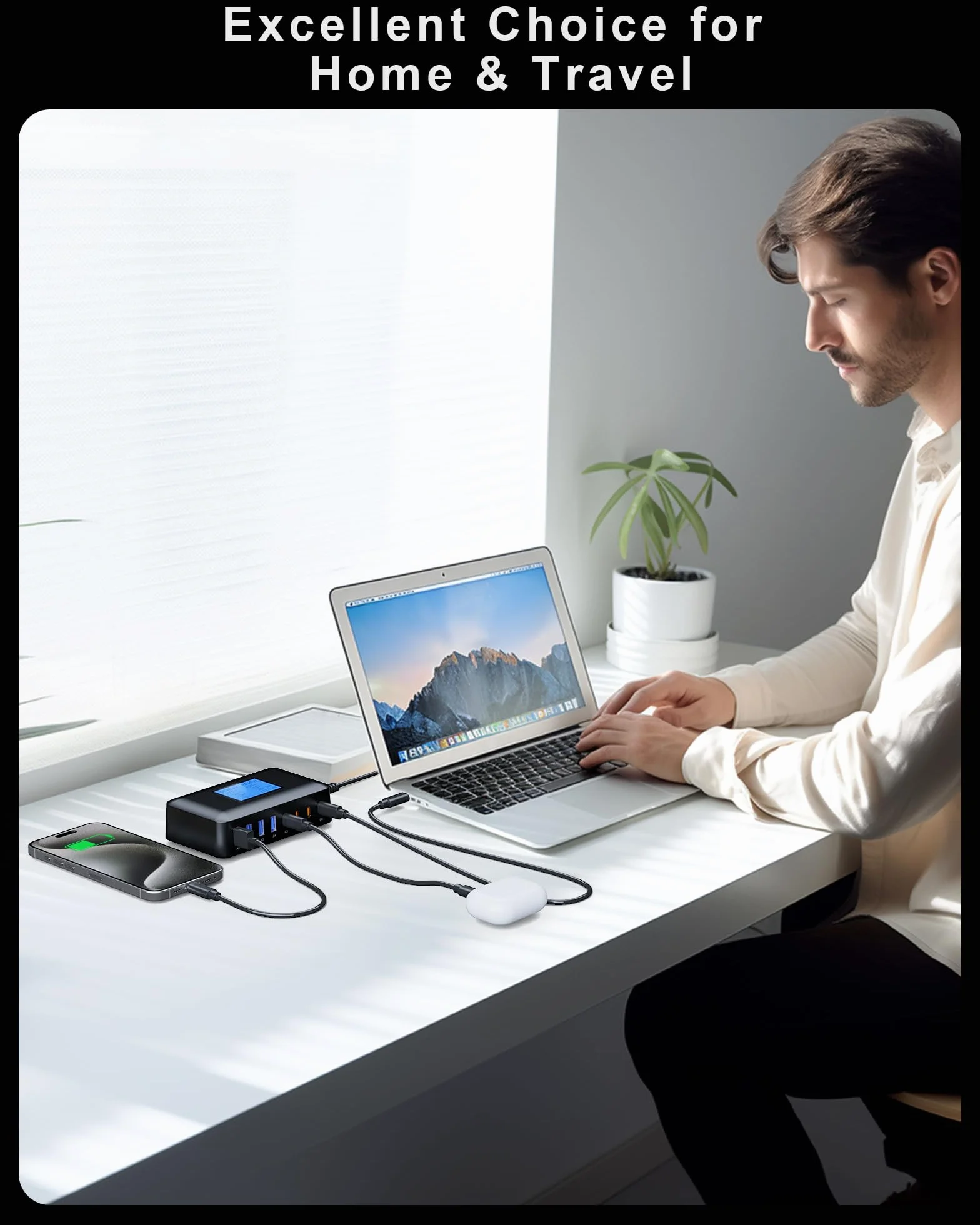 200 W Ładowarka USB C Multiple RENGOGA 8-portowa ładowarka USB z wyświetlaczem LED GaN Stacja ładująca Zasilacz do Macbooka iPhone 15 14 iPad Pro Air Samsung Galaxy Google Pixel - czarny