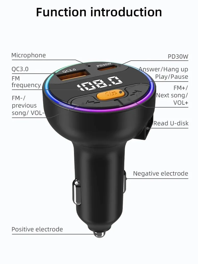 Nadajnik FM do szybkiego ładowania telefonu, Bluetooth 5.3, zestaw samochodowy, odtwarzacz MP3 QC3.0 + PD30W szybka ładowarka FM