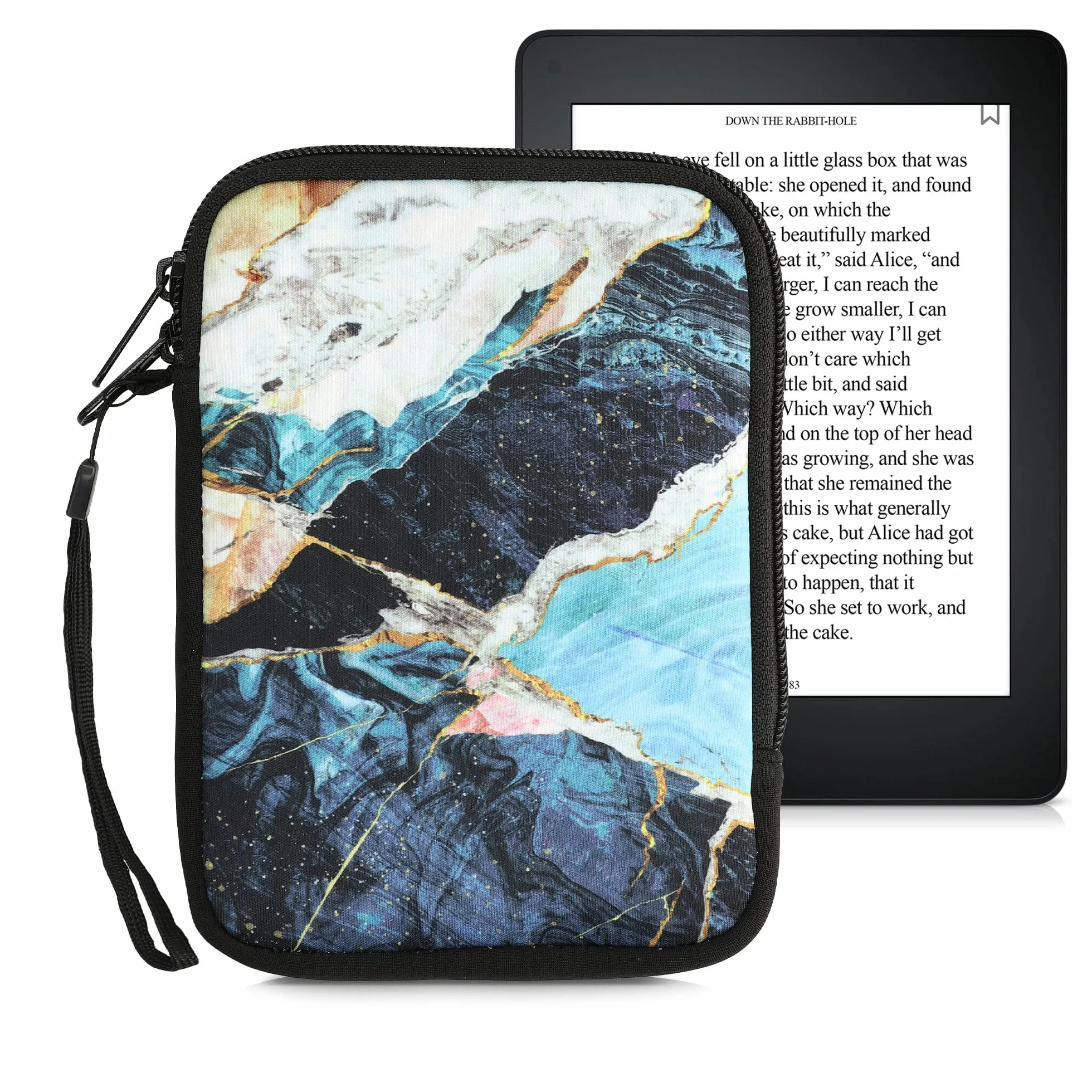 kwmobile Etui na czytnik e-booków - neoprenowe etui ochronne marmur złoty biały niebieski - wymiary wewnętrzne 17 x 12 x 2 cm
