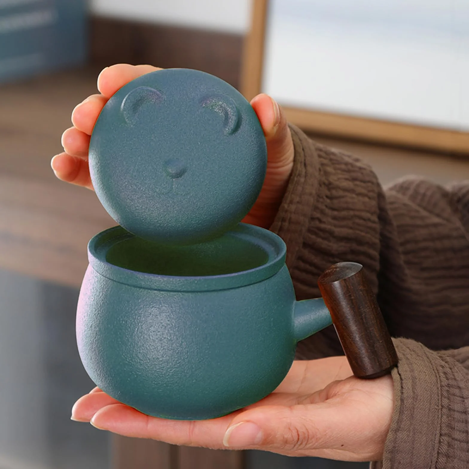 Fanquare Ceramiczny Kubek do Herbaty z Zaparzaczem Miś Zielony Pokrywka
