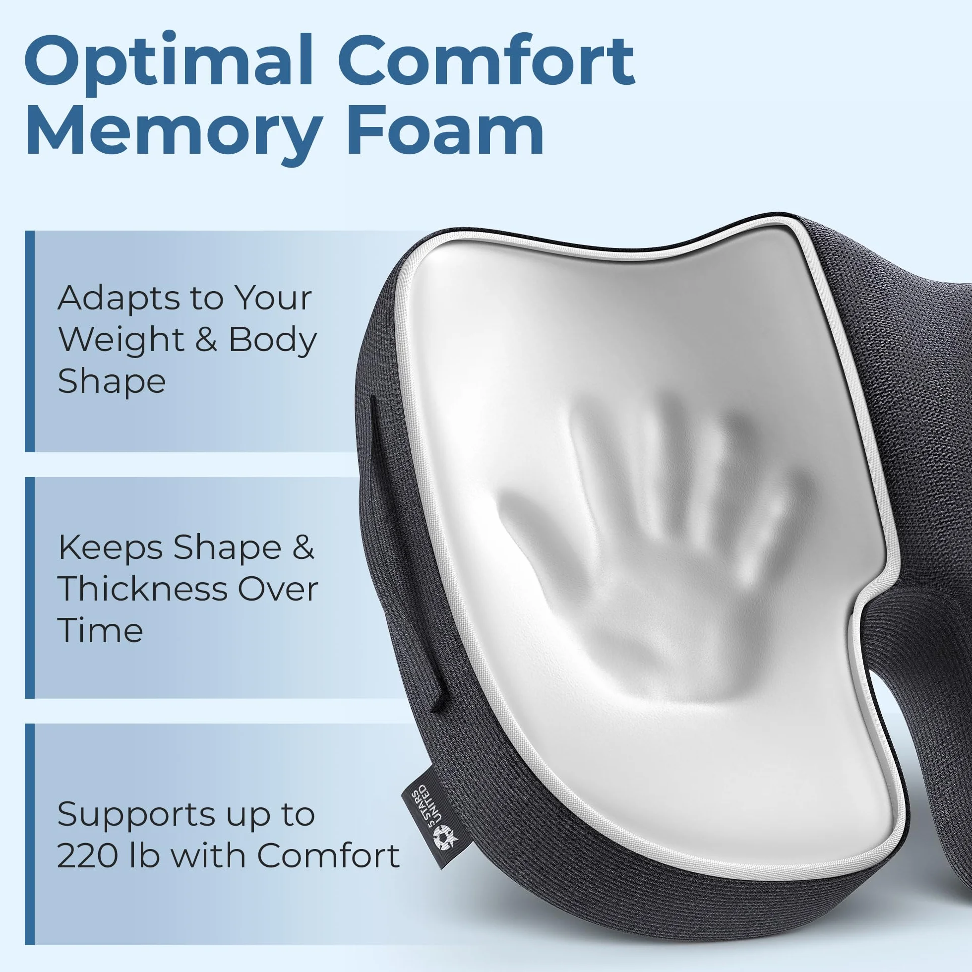 5 STARS UNITED Memory Foam Seat Cushion, ergonomic coccyx pad for office chair, sciatica & back pain relief, non-slip, portable, washable cover - black