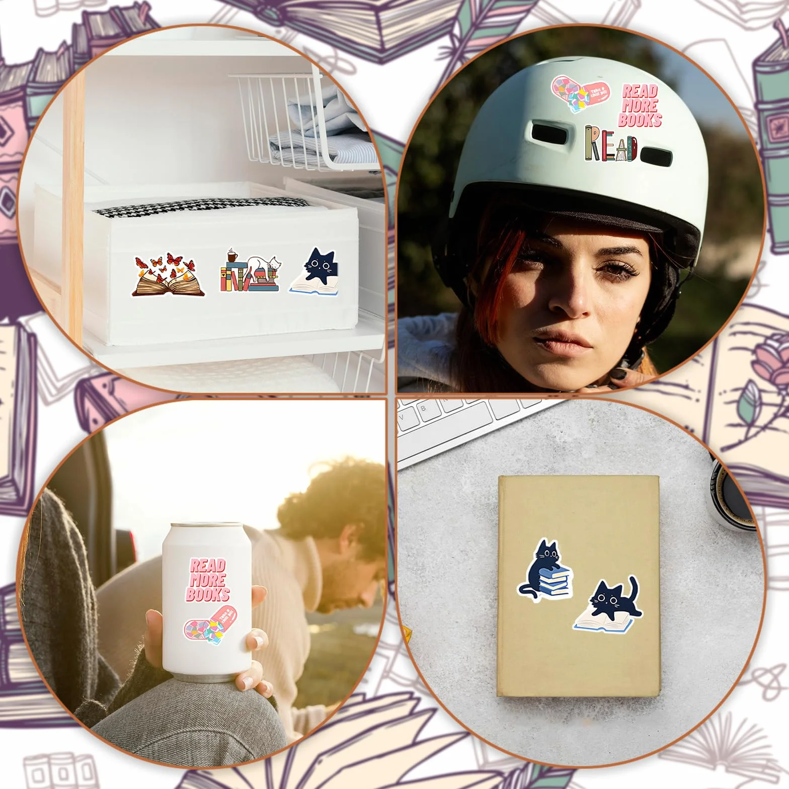 Amabro 100 szt. naklejek na książki, czytanie kota książkowego naklejki na butelkę wody, urocze winylowe wodoodporne naklejki kawaii kociaki na laptopy, miłośnik książek, akcesoria do scrapbookingu