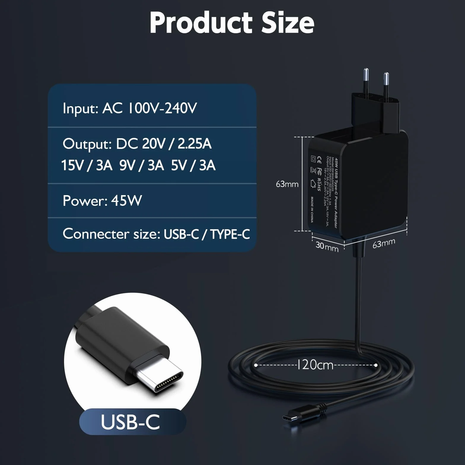 Ładowarka 45 W kompatybilna z Nintendo Switch Steam Deck/Lite/OLED, szybka ładowarka USB C 20 V/2,25 A, kabel ładujący 15 V/3 A do telefonów komórkowych typu C