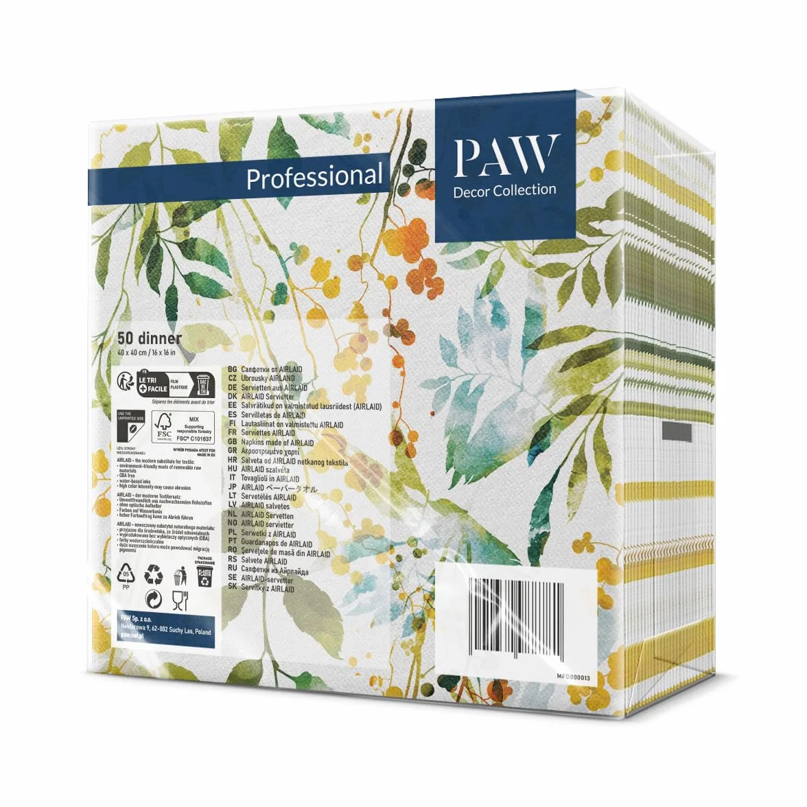 PAW - Serwetki z Airlaid - podobne do materiału (40 x 40 cm) I 50 sztuk I idealne na wesele, chrzest, komunię, urodziny I serwetki materiałowe - naturalne, liście I kolor: liście akwarelowe