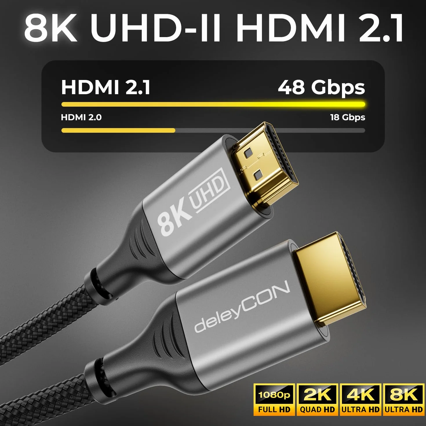 deleyCON 3,0m 8K HDMI 2.1 Kabel (48G, ULTRA Highspeed) 8K@60Hz 4K@120Hz 2K@144Hz/165Hz EARC HDCP 2.3/2.2 - Kompatybilny z DTS:X Dynamiczny HDR Dolby Atmos TV PS5 Xbox Soundbar Monitor