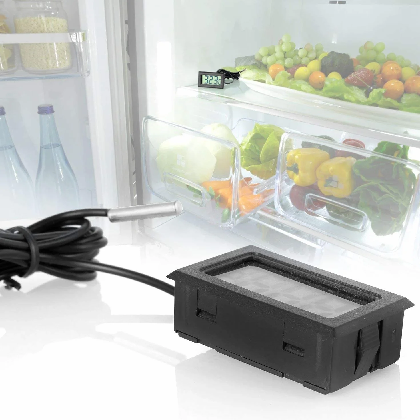 Cyfrowy termometr LCD monitor temperatury z zewnętrzną sondą do lodówki, zamrażarki, lodówki, akwarium, czarny