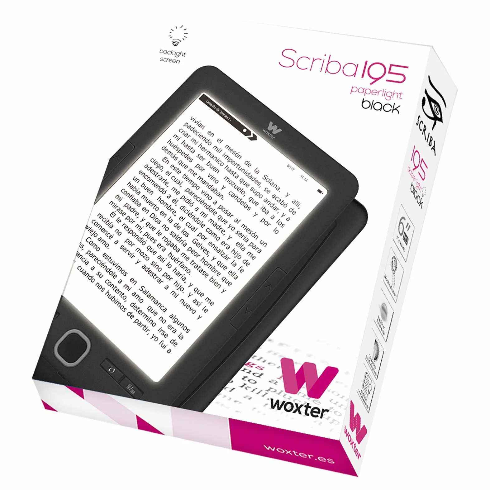 Woxter Scriba 195 Paperlight Black - eBook Reader 6 cali (1024 x 758, e-Ink Pearl, podświetlany wyświetlacz, EPUB, PDF, Micro SD, posiada ponad 4000 książek, tekstura naklejki) kolor czarny