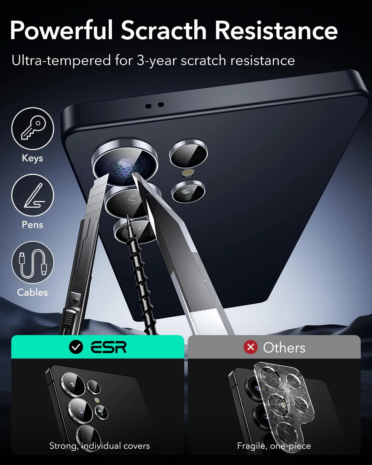 ESR Osłona aparatu Samsung Galaxy S25 Ultra, indywidualna folia ochronna, odporna na zarysowania, cienkie szkło hartowane z aluminiową krawędzią, Galaxy S25 Ultra, przyjazna dla obudowy, 1 zestaw