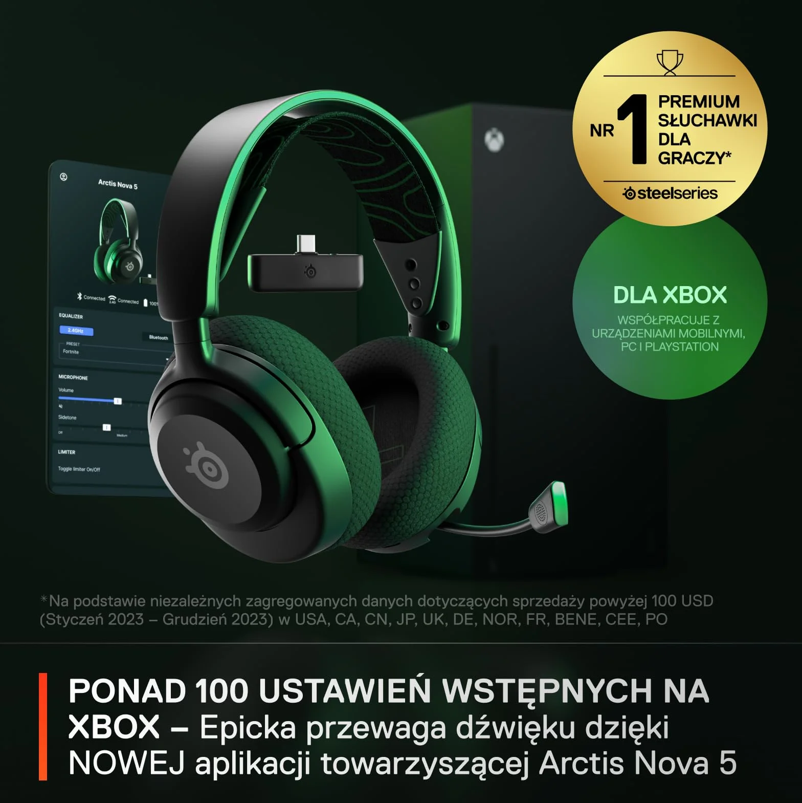 SteelSeries Arctis Nova 5X słuchawki wi-fi do gier, neodymowe przetworniki, 60h baterii, 2,4 GHz BT, Mik.Gen2.X Xbox PC PS Switch mobile