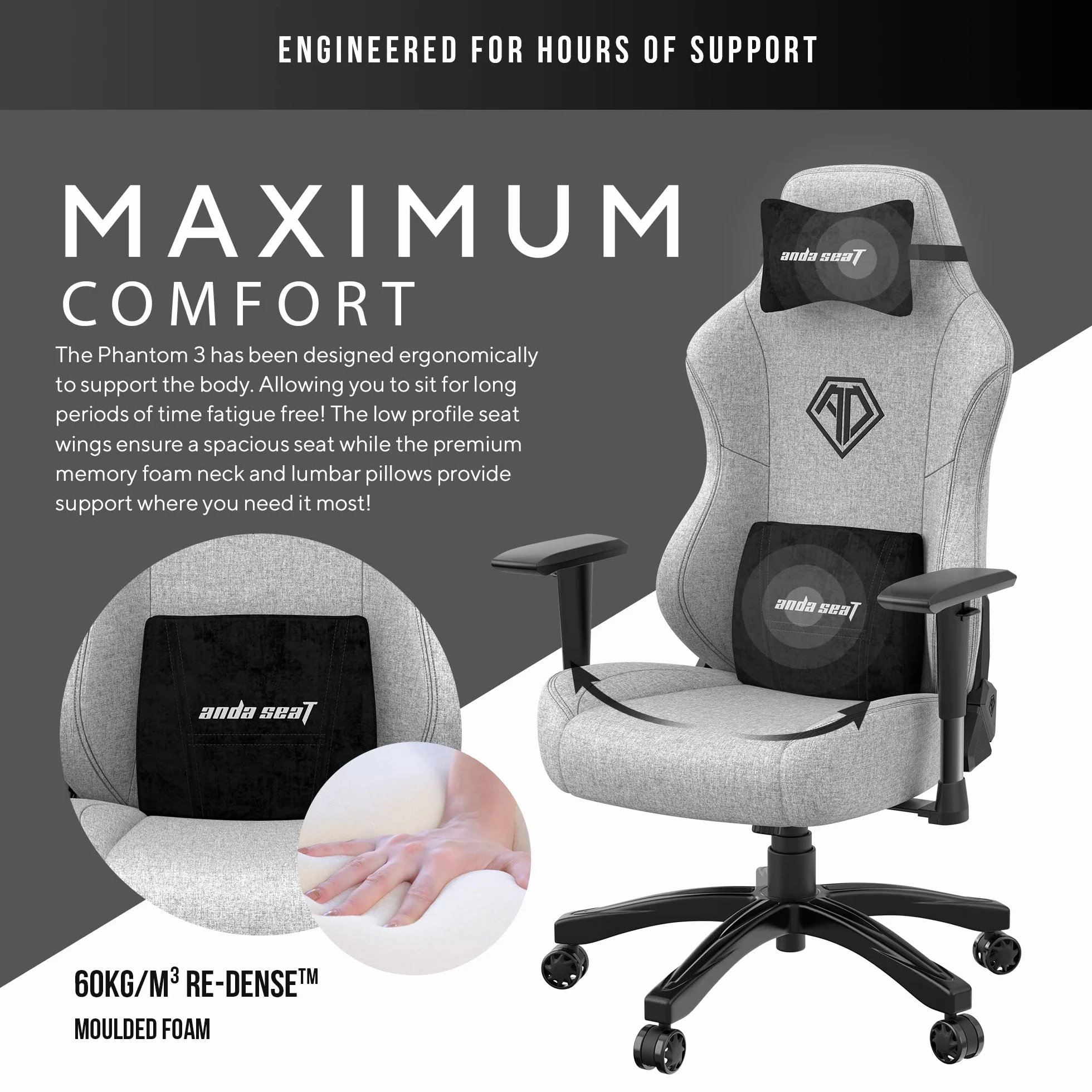 AndaSeat Phantom 3 Series Premium krzesło biurowe dla graczy, szara tkanina, głębokość siedziska 52 cm
