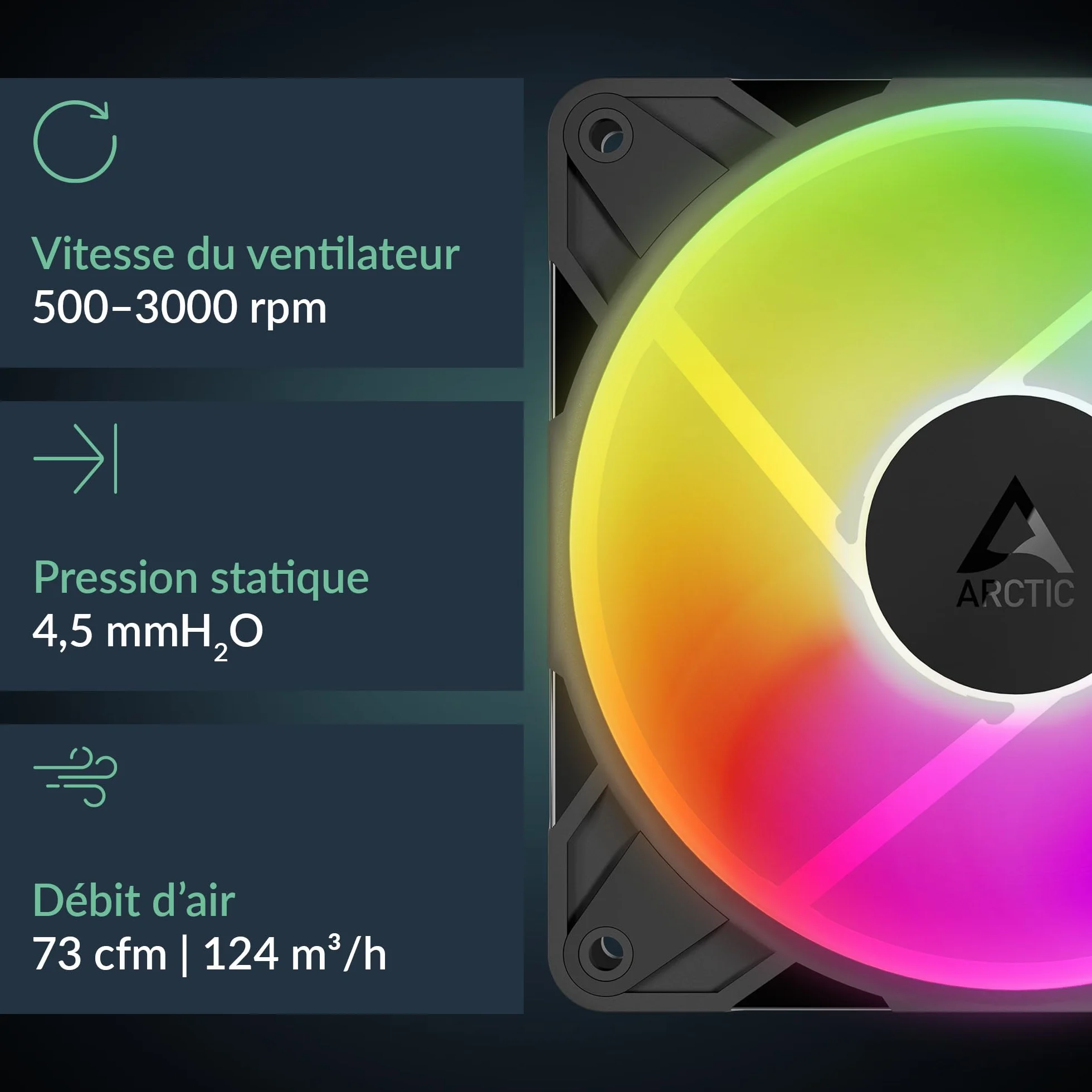 ARCTIC P12 Pro Reverse A-RGB – 120 mm Najwyższej jakości wentylator rewersyjny z rozdzielaczem, Wentylator PWM z rozgałęźnikiem kabla Y, 500-3000 rpm, 0 rpm <5% PWM, 5V D RGB, FDB, 4-Pin - Czarny