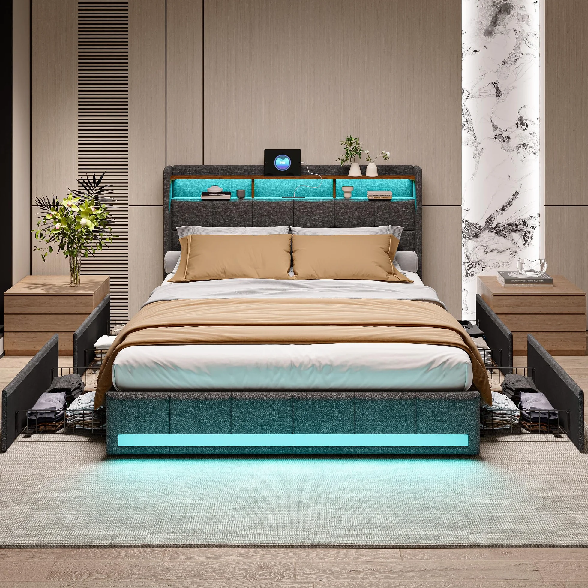 Łóżko Podwójne Pikowane 160 x 200 cm z Szufladą, Oświetleniem LED i Ładowaniem USB - Szare
