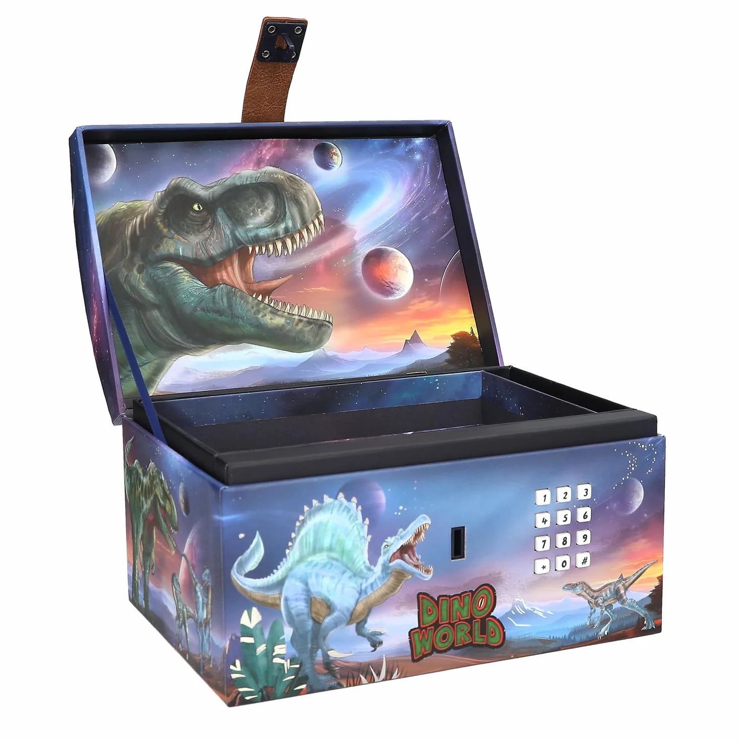 Depesche 13441 Dino World - skrzynia na skarby w kształcie dinozaura z planetami, schowek z kodem, dźwiękiem i światłem