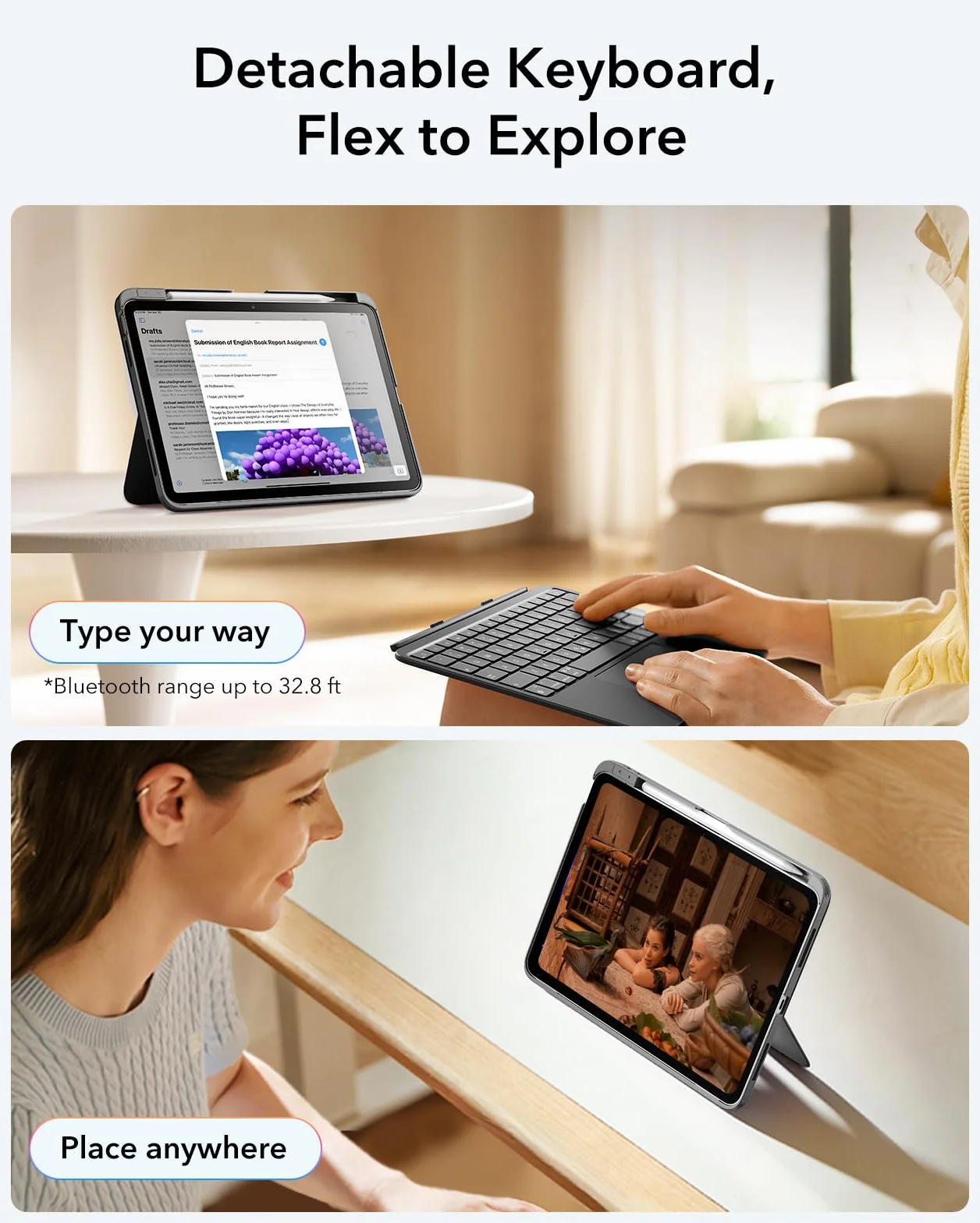 ESR Etui Flex na iPad 11 (A16) 2025/10 generacji z klawiaturą, ultralekka, magnetyczna zdejmowana klawiatura do iPada 10,9" z trybami pisania i przeglądania, duży, precyzyjny gładzik, ciemnoszary